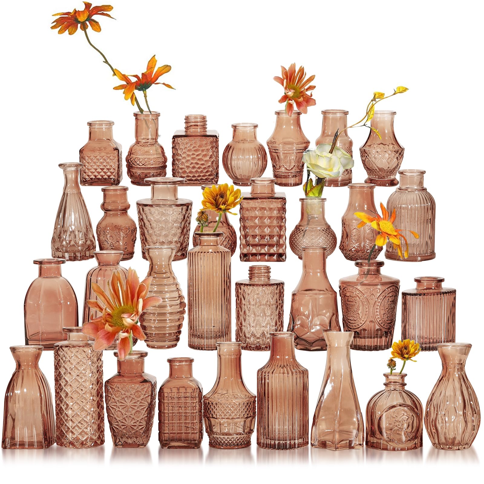 32 Pcs Small Glass Bud Vases Set - Amber Vintage Flower Vases for Wedding Centerpieces, Table Decor, Home Decor - Perfect for Wedding Decorations, Party Favors, and Floral Arrangements