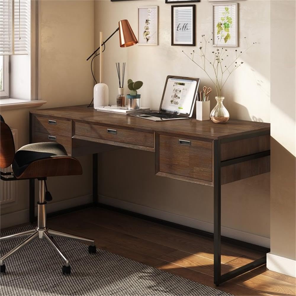 Allora 60-Inch Wide Modern Solid Wood Desk in Rustic Natural Aged Brown Finish - Perfect for Home Office, Study Room & Workspace