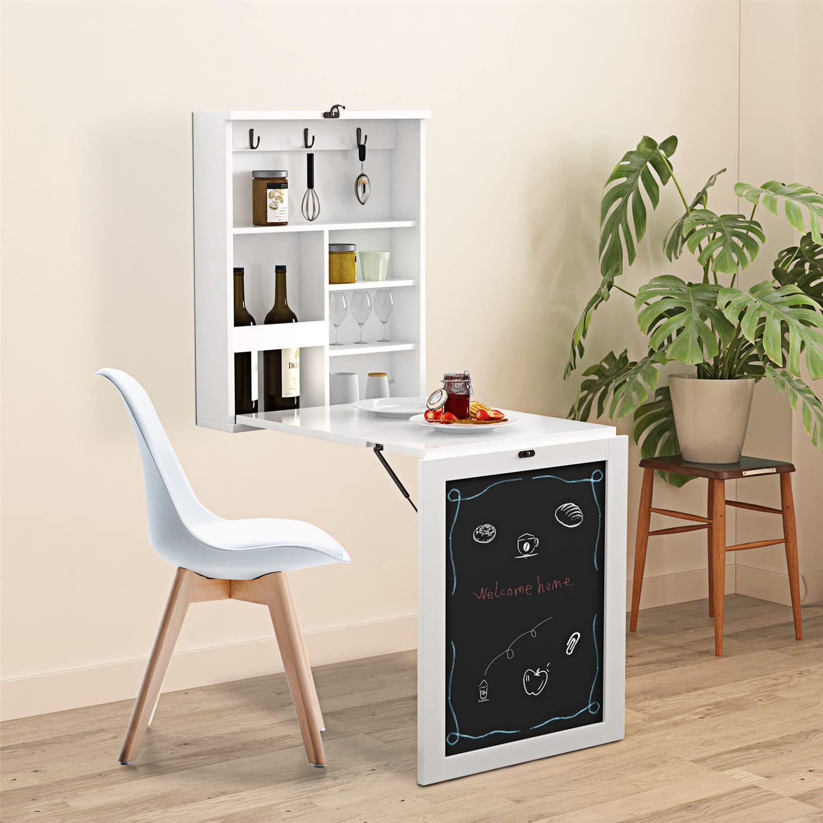 Floating Wall Desk with Storage Shelves & Blackboard - Space Saving Foldable Laptop Desk for Small Rooms, Home Office & Dorm (Black+White) | Perfect for Remote Work, Studying & Compact Living Spaces