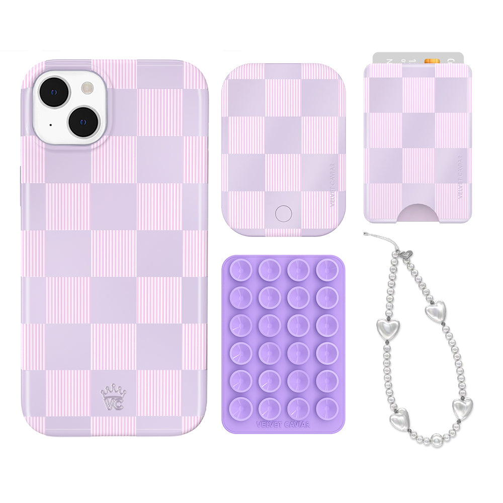 Lilac Vibe Checkered iPhone Case with Wallet - Trendy Protective Phone Cover for iPhone 13/14/15 Pro Max - Perfect for Everyday Use, Travel & Shopping