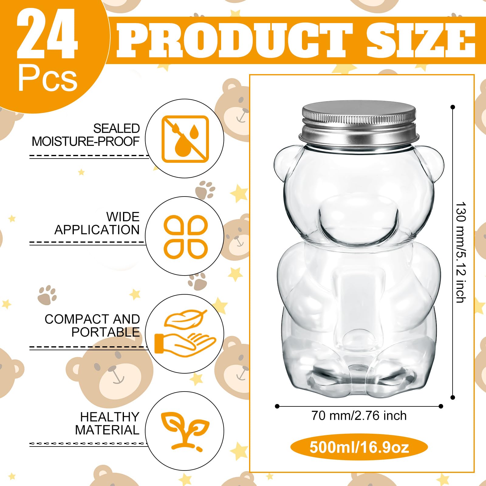 24 Pack Mumufy Bear-Shaped Plastic Jars - 17oz Large Capacity Empty Containers for Candy, Milk Tea, DIY Gifts & Home Decor | Perfect for Party Favors, Wedding Treats & Craft Storage