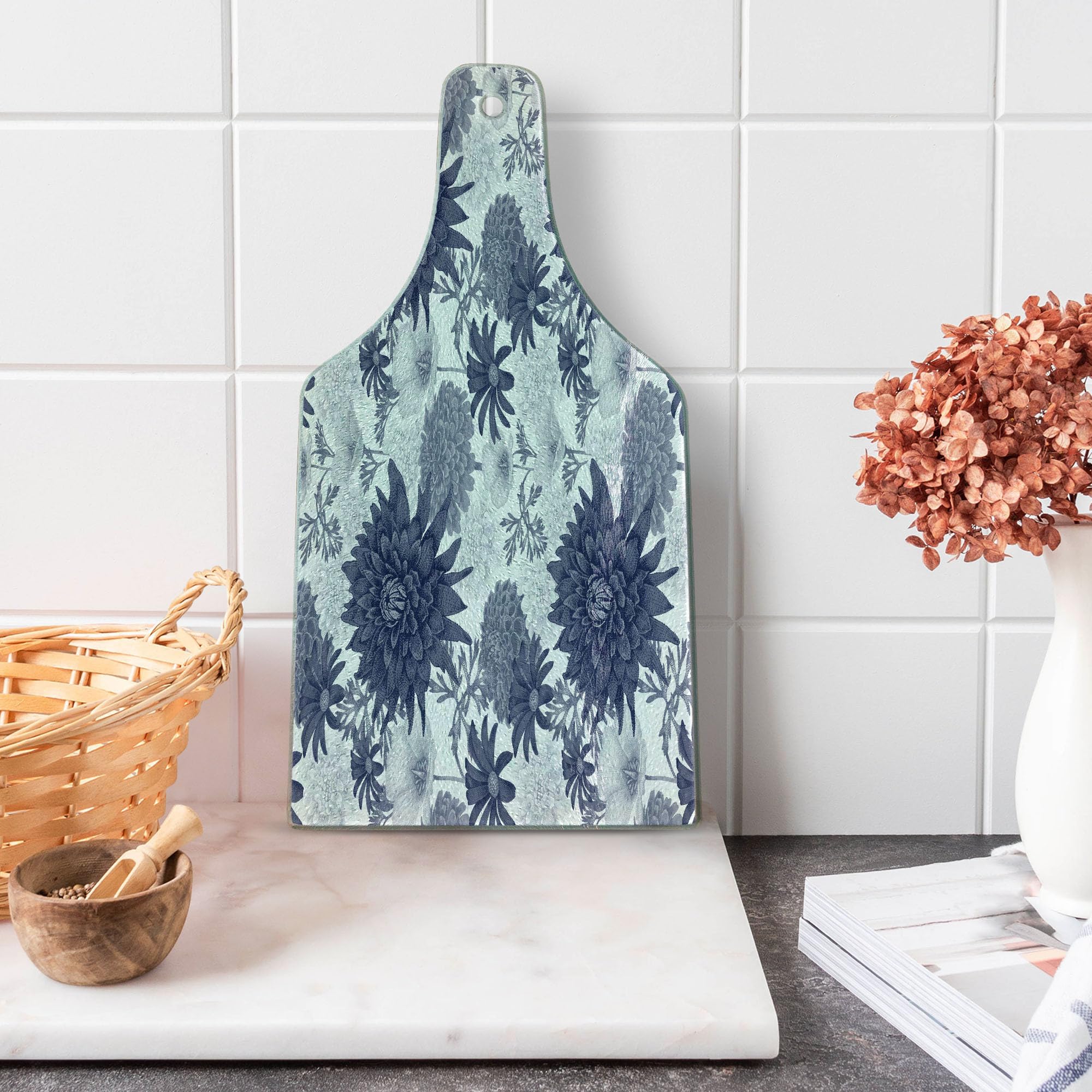 Ambesonne Dahlia Flower Tempered Glass Cutting Board - Decorative Wine Bottle Shape Serving Board with Dotted Digital Paint Design - Blue & White - Perfect for Kitchen, Dining, Party & Gift Giving