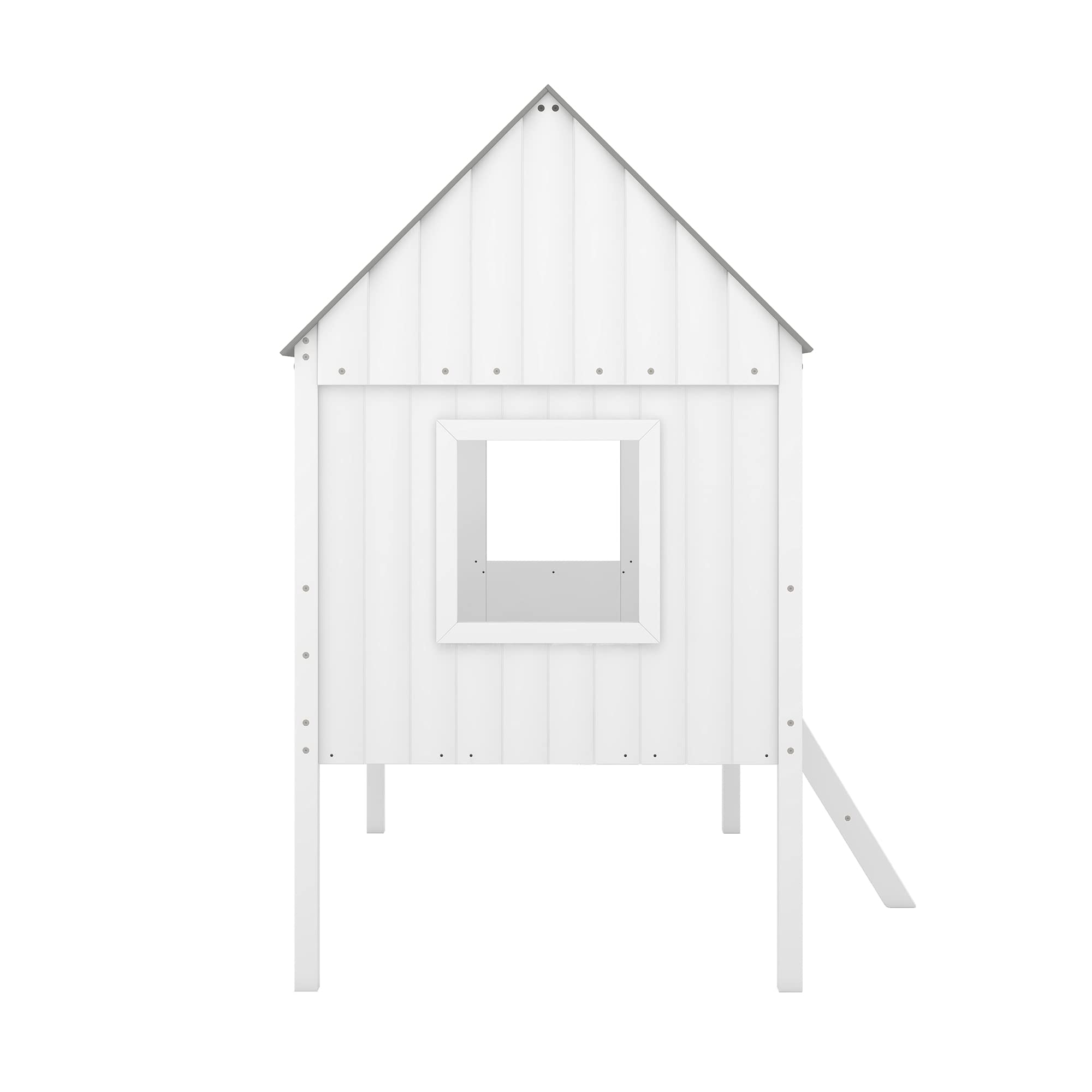 Harper & Bright Designs Twin Size Wooden House Bed Frame for Kids & Teens - Low Loft Bed with Side Windows & Roof - No Box Spring Needed (White+Gray) - Perfect for Small Bedrooms, Playrooms & Kids' Sleepovers