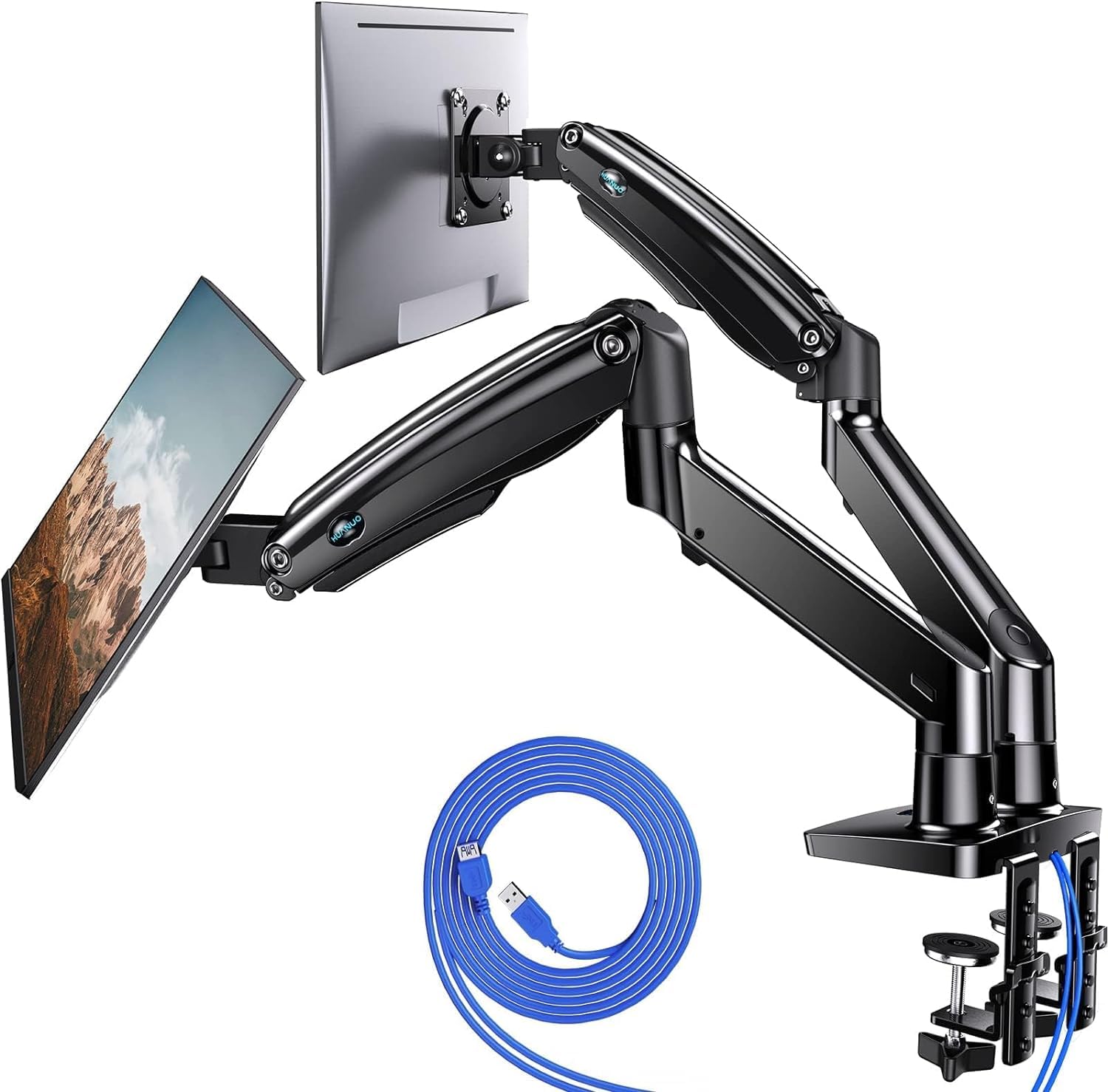 HUANUO Dual Monitor Stand for 13 to 40 Inch Screens - Heavy Duty Adjustable VESA Mount with USB Ports, Holds 2 Monitors up to 26.4lbs Each (Clamp/Grommet Base) - Perfect for Home Office, Gaming Setup & Workstation (Black)