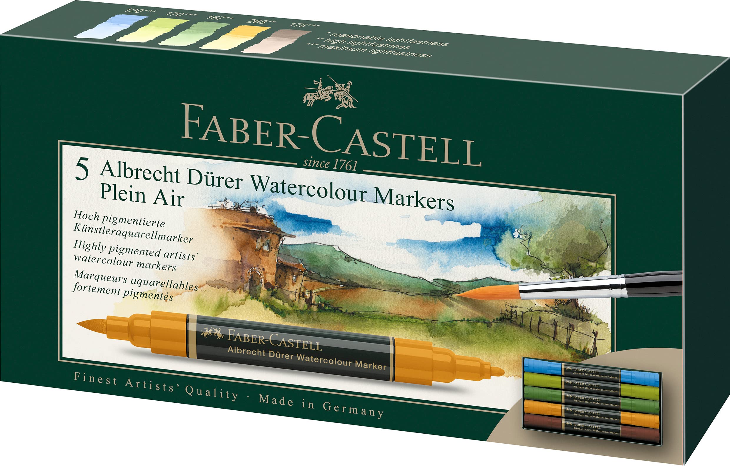 Faber-Castell Albrecht Durer Watercolor Markers Set of 5 - Professional Artist Watercolor Pencils for Sketching, Drawing & Painting - Perfect for Plein Air, Studio Art & Watercolor Techniques