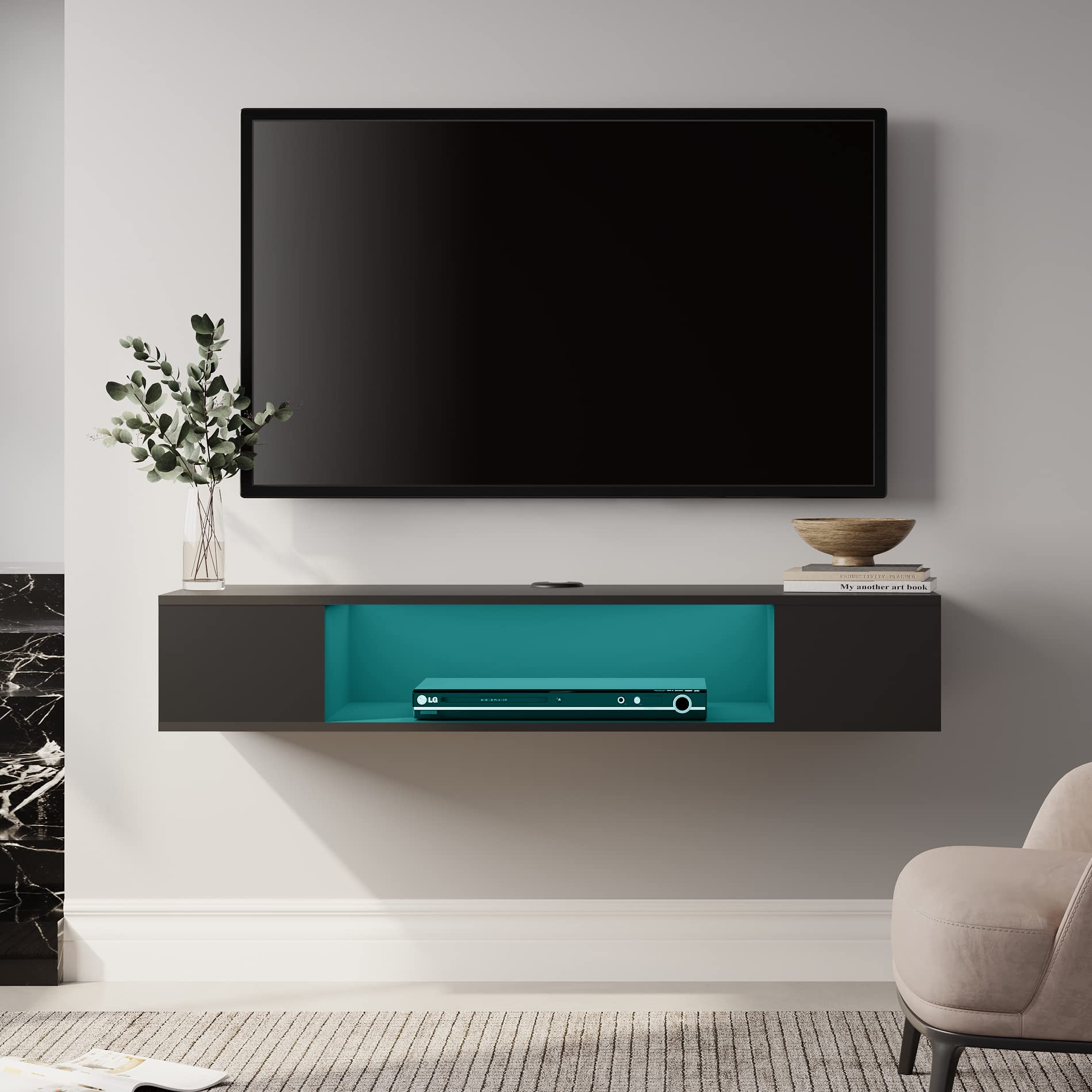 FITUEYES Black Floating TV Stand with 16 Adjustable LED Lights - Wall Mounted Entertainment Center, Wood Media Console & Storage Cabinet for Living Room, Bedroom, Home Theater Setup