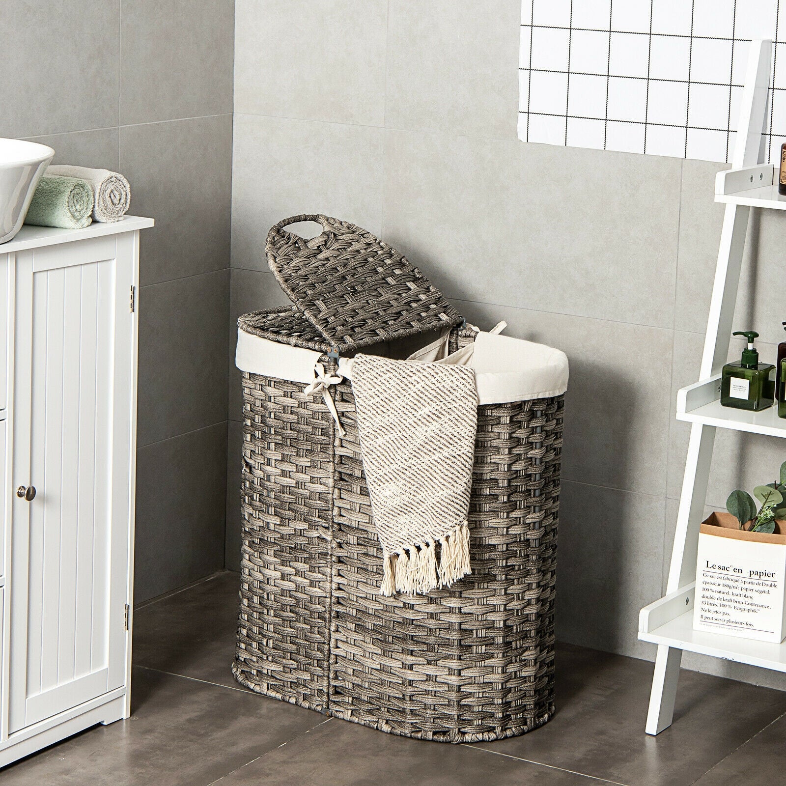 Handwoven Laundry Hamper Basket with 2 Removable Liner Bags - Gray Cotton Storage Organizer for Bedroom, Bathroom & Closet - Perfect for Dirty Clothes, Toys & Home Organization