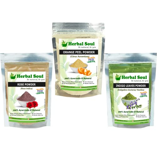 Herbal Soul Combo Pack - 300g Rose Powder, Orange Peel Powder & Indigo Powder | Natural Skincare & Haircare Ingredients for DIY Face Masks, Soaps & Herbal Remedies