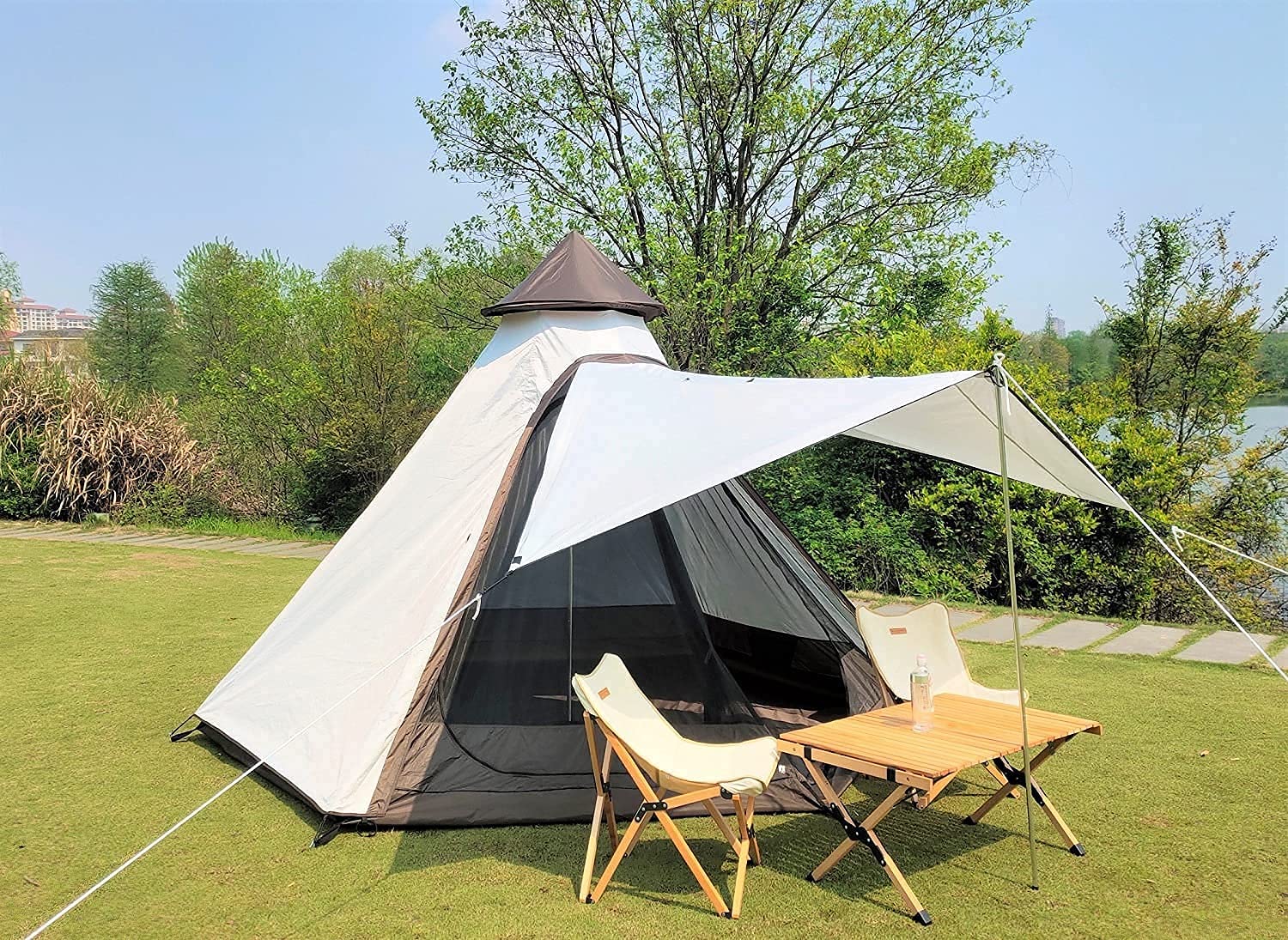 12'x10'x8' Large Family Camping Tent - 3-4 Person Waterproof Lightweight Double Layer Teepee Pyramid Tent for Outdoor Adventures, Backpacking & Glamping