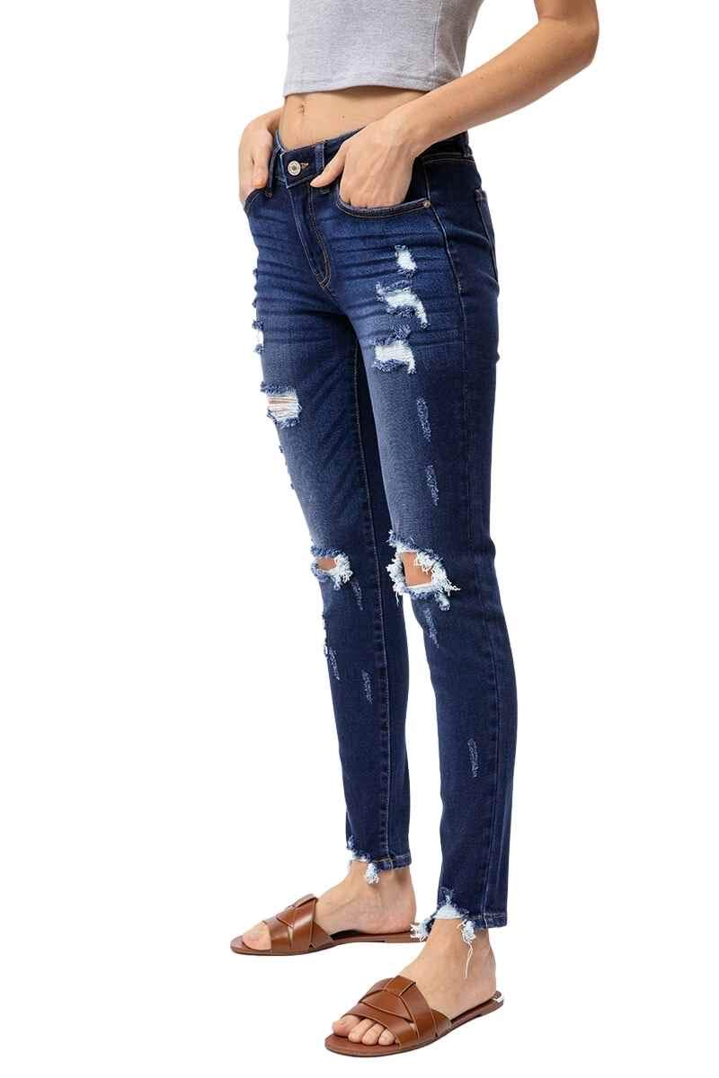 Kancan Women's High Rise Distressed Mom Jeans - KC9198L | Vintage Stretch Denim Skinny Jeans for Casual Wear & Everyday Outfits