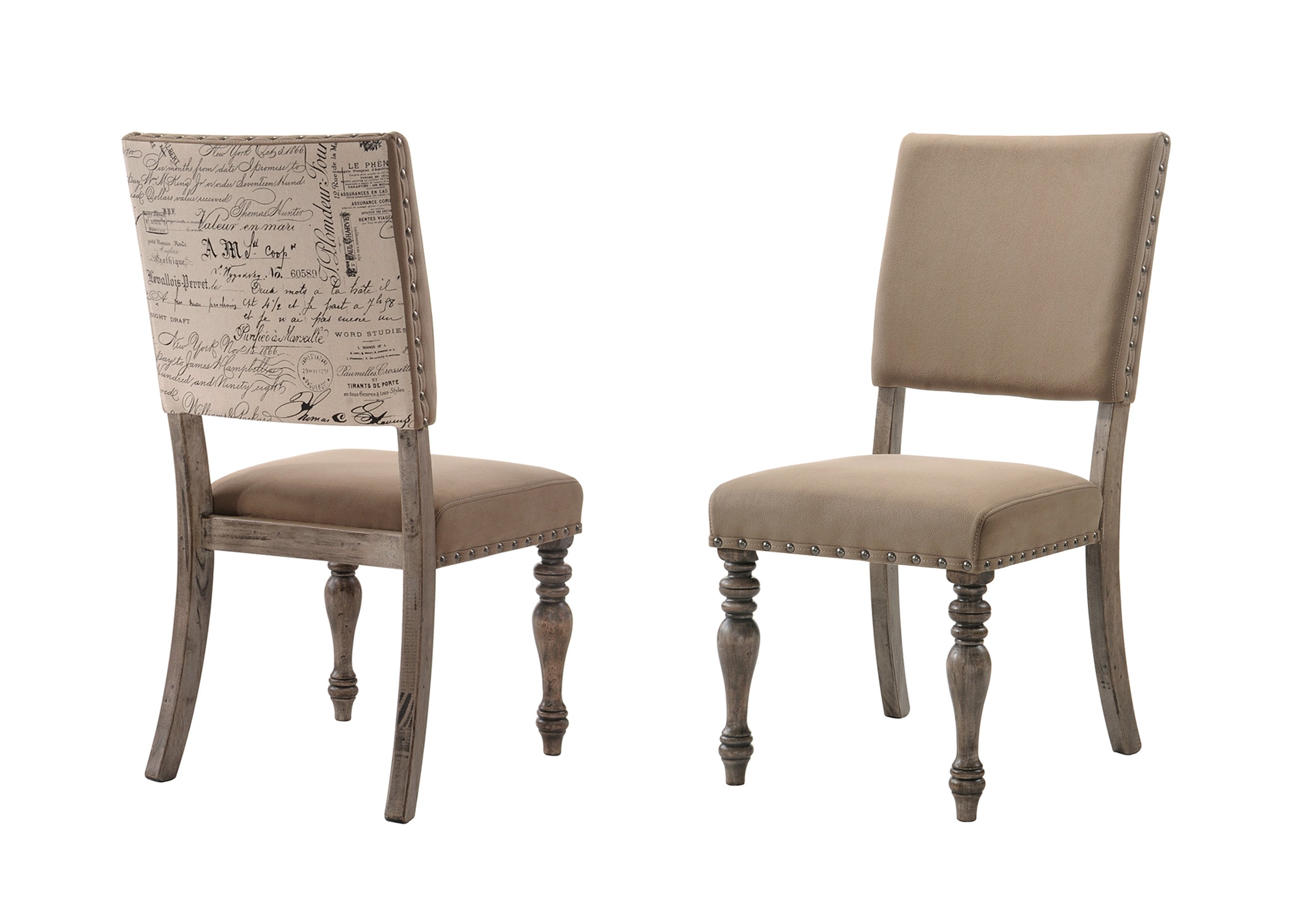 Roundhill Furniture Birmingham Script Printed Driftwood Finish Dining Chair with Nailhead Trim - Set of 2 - Farmhouse Style Kitchen & Dining Room Seating for Home Decor