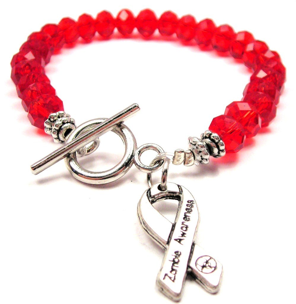 Crimson Red Zombie Awareness Ribbon Crystal Toggle Bracelet - Stylish Support for Zombie Walk Events & Horror Movie Fans