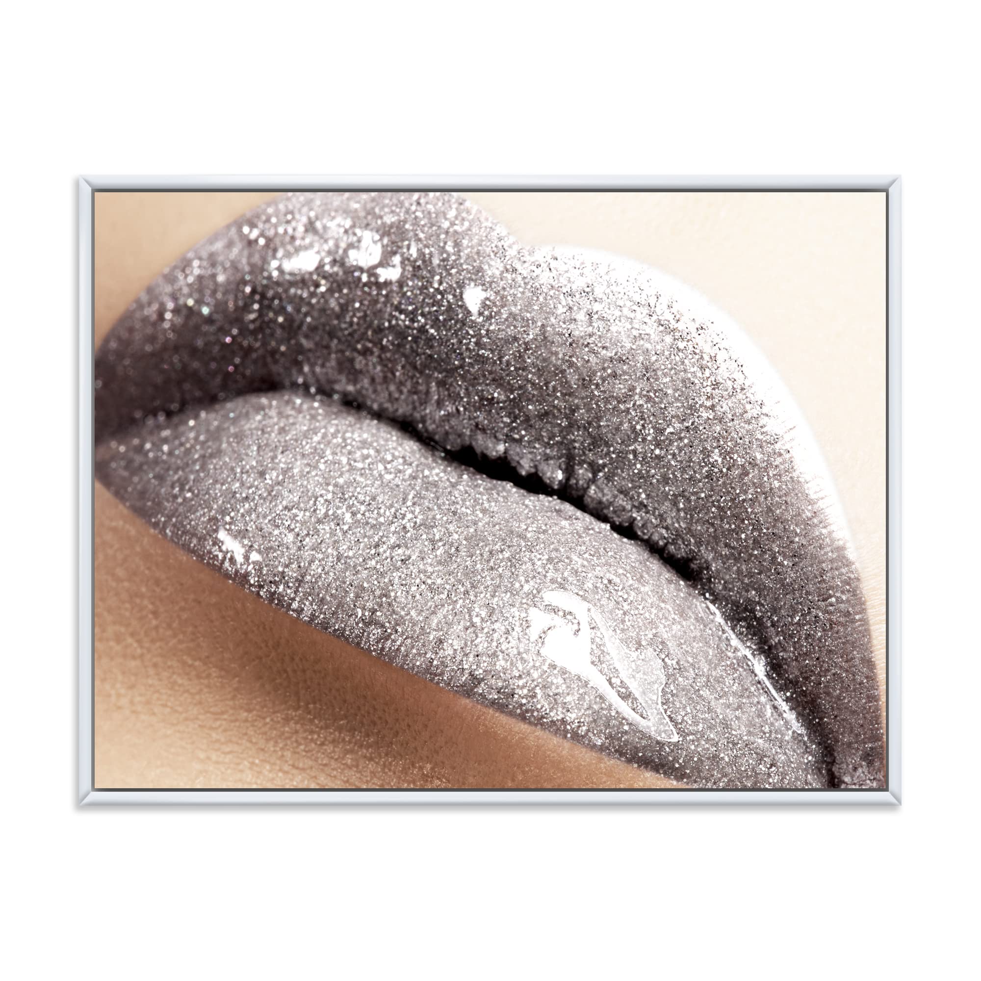 Glittering Silver Lips Modern Framed Canvas Wall Art Print - Elegant Home Decor for Living Room, Bedroom & Office