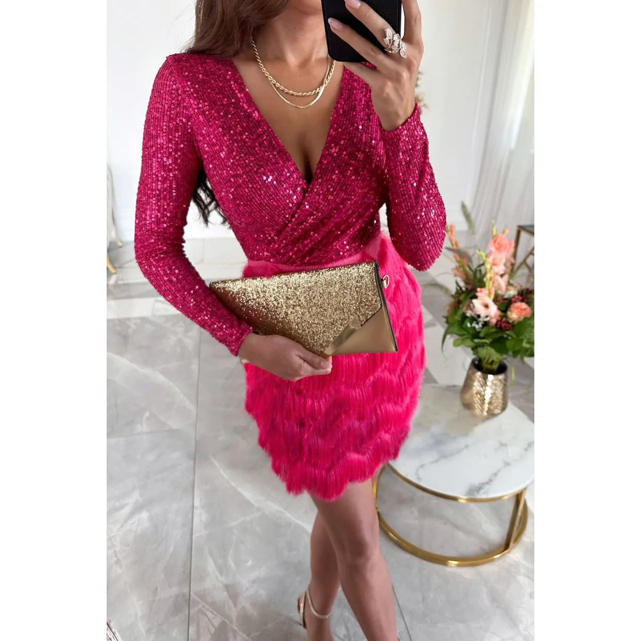 Sequin Feather Party Dress for Women - Sexy V-Neck Mini Dress with Feathers for Autumn & Holiday Events | Perfect for Night Out, Club, Wedding & Special Occasions