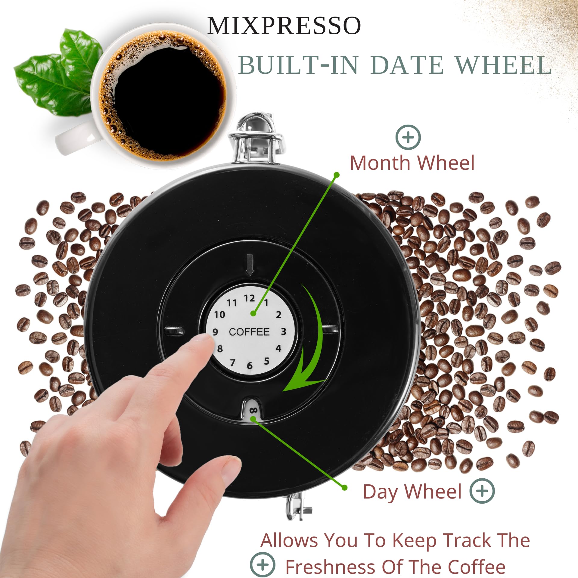 Mixpresso Bronze Stainless Steel Airtight Coffee Container with Date Tracker - 16oz Vacuum Sealed Storage Jar for Coffee Beans, Grounds & Tea - Perfect for Kitchen Countertop, Pantry or Office Use