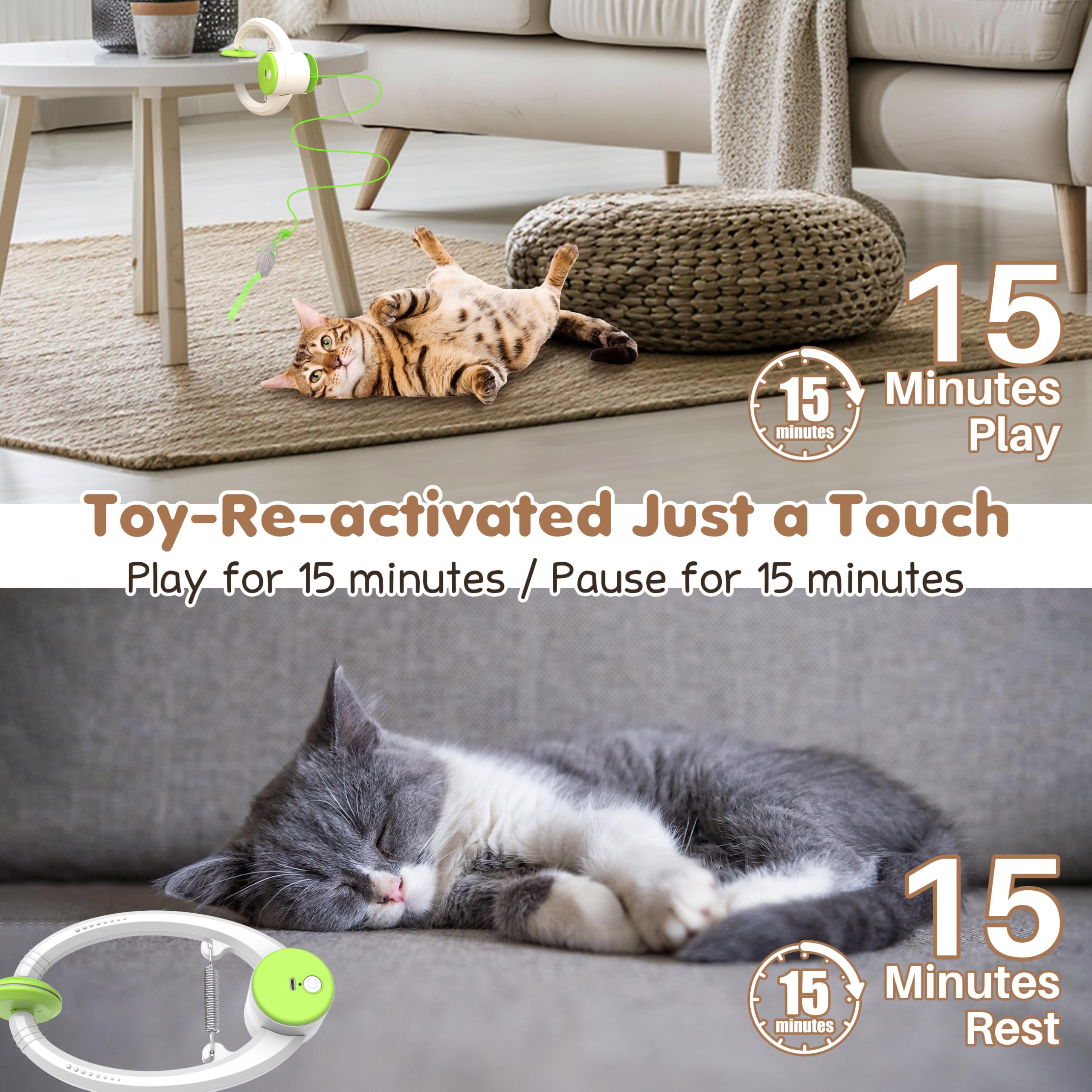Interactive Cat Feather Toys for Indoor Cats - Retractable Teaser Toy with 3 Plush Mice for Play, Chase & Exercise - Green Automatic Kitten Mental Stimulation Toy (Great for Playtime, Training & Bonding with Your Feline)