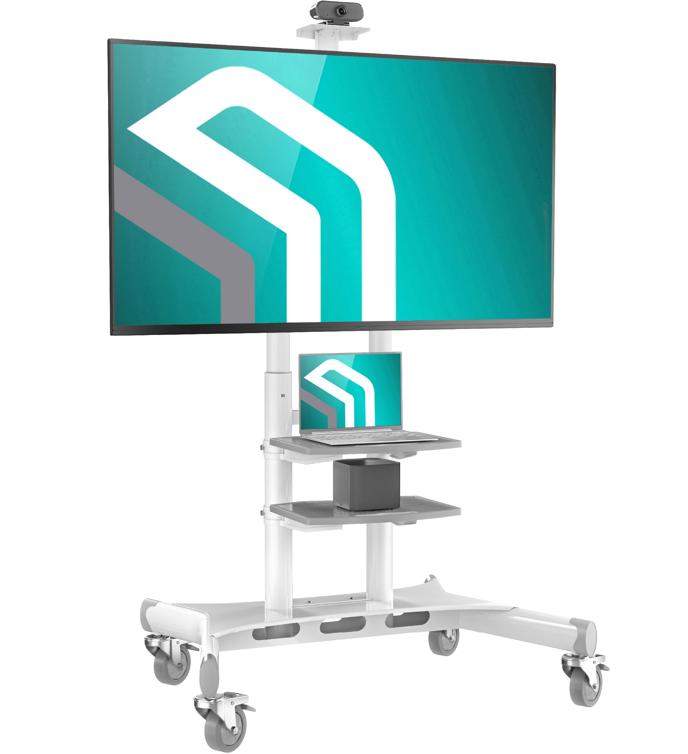 ONKRON Mobile TV Stand on Wheels for 50-86 Inch TVs up to 200 lbs - Height Adjustable Rolling TV Cart with Shelves, Max VESA 800x500 - White | Perfect for Living Rooms, Classrooms, and Office Presentations