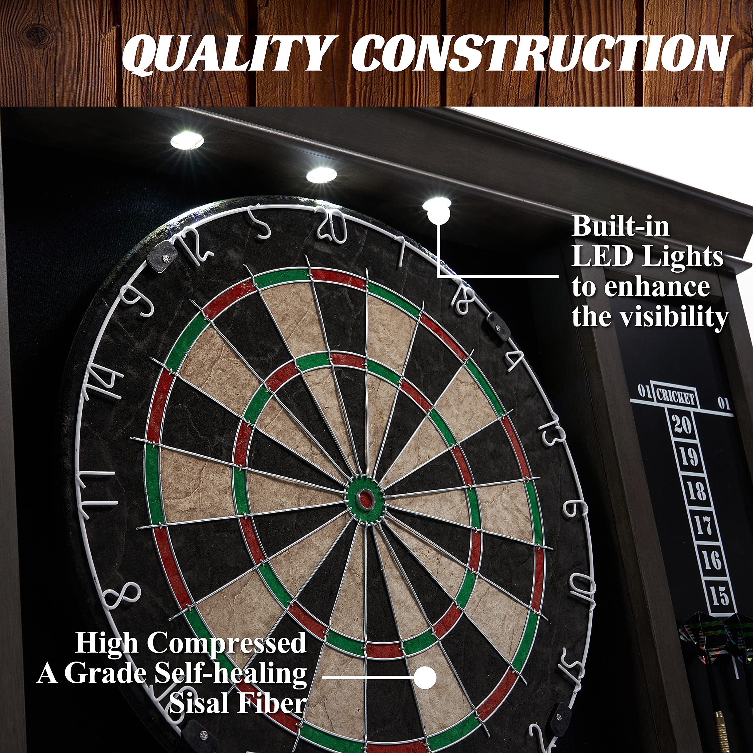 Barrington Wooden Dartboard Cabinet Set - 18” Bristle Dartboard with Steel Tip Darts | Pre-Assembled Cricket Game Accessories for Home, Office & Pub Entertainment