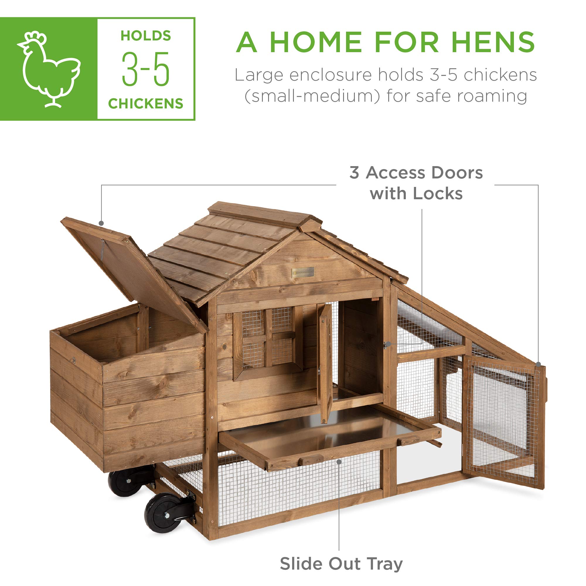 Best Choice Products 71in Mobile Fir Wood Chicken Coop Hen House Poultry Cage for 3-5 Hens - Outdoor Chicken Coop with Wheels, 2 Doors, Nest Box & Removable Tray - Durable UV Panel for Backyard Poultry Farming & Animal Care
