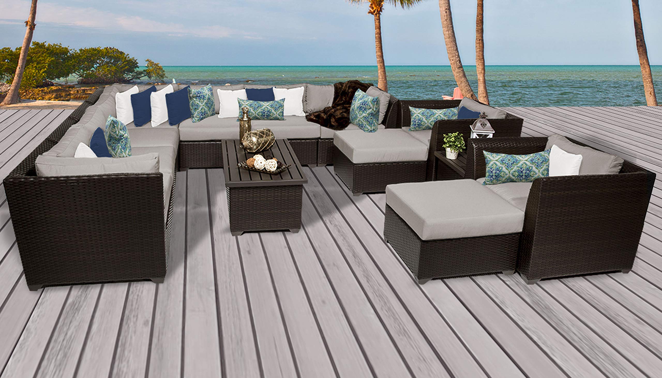 TK Classics 13-Piece Barbados Outdoor Wicker Patio Furniture Set in Beige - Perfect for Garden, Poolside & Backyard Relaxation