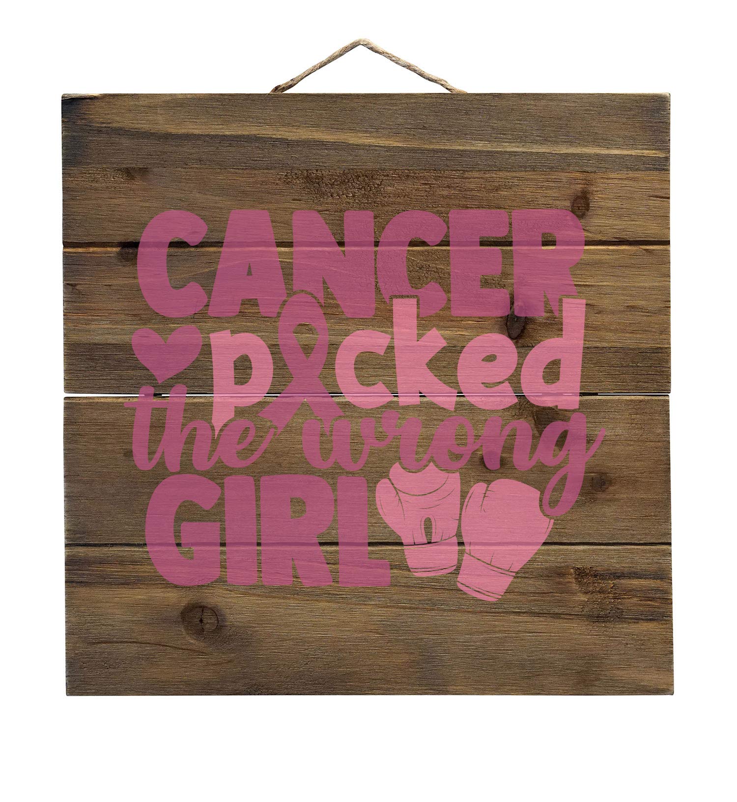 DistinctInk Pink Ribbon Breast Cancer Awareness Wood Wall Art - Inspirational 'Picked The Wrong Girl' Sign - Rustic Faux Pallet Decor for Home, Office & Gifts