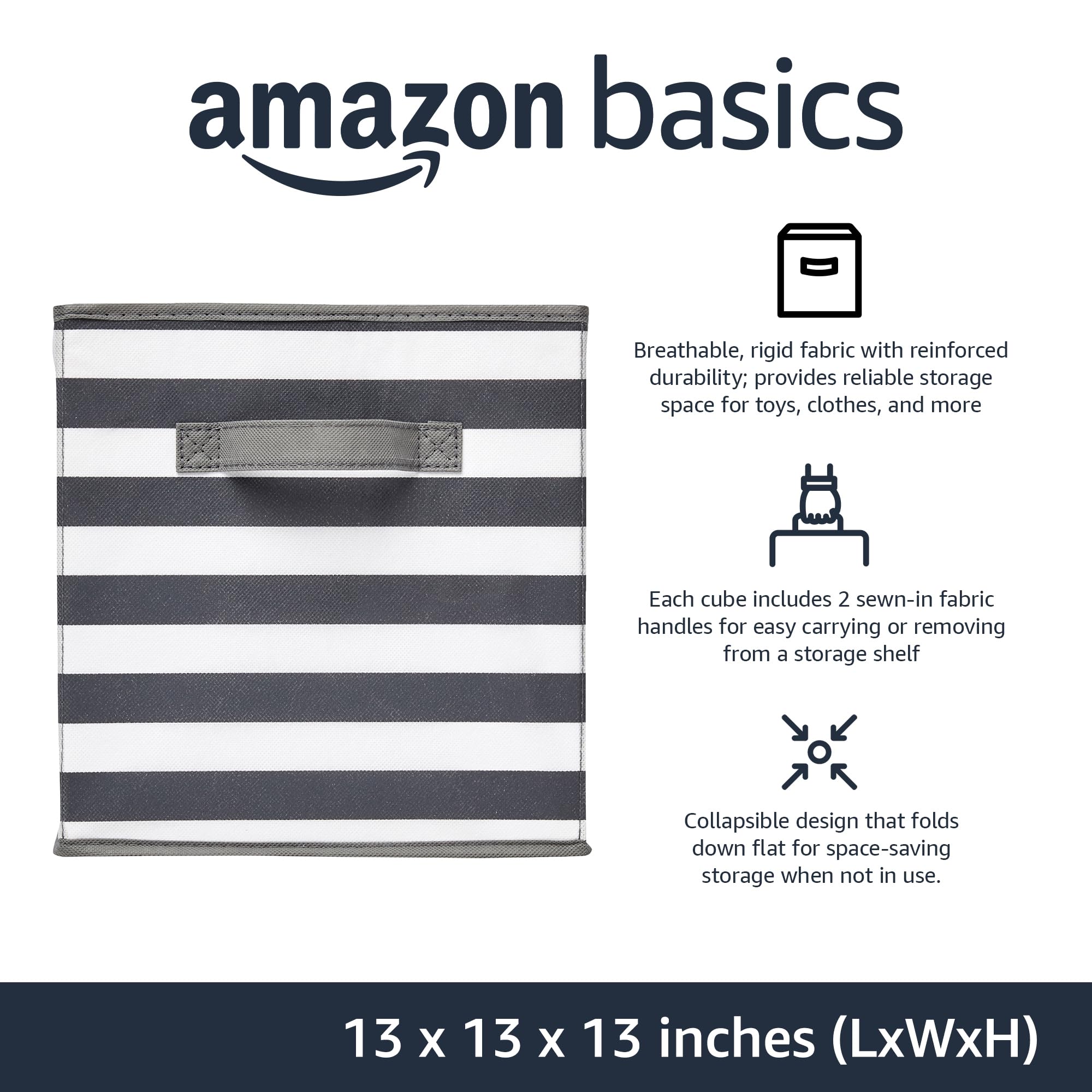 Amazon Basics Cube Organizer Storage Bins with Handles - Collapsible Fabric Storage Cubes, 13x13x13 Inches, White & Light Grey Stripe (Pack of 6) - Perfect for Closet, Nursery, Office, and Home Organization