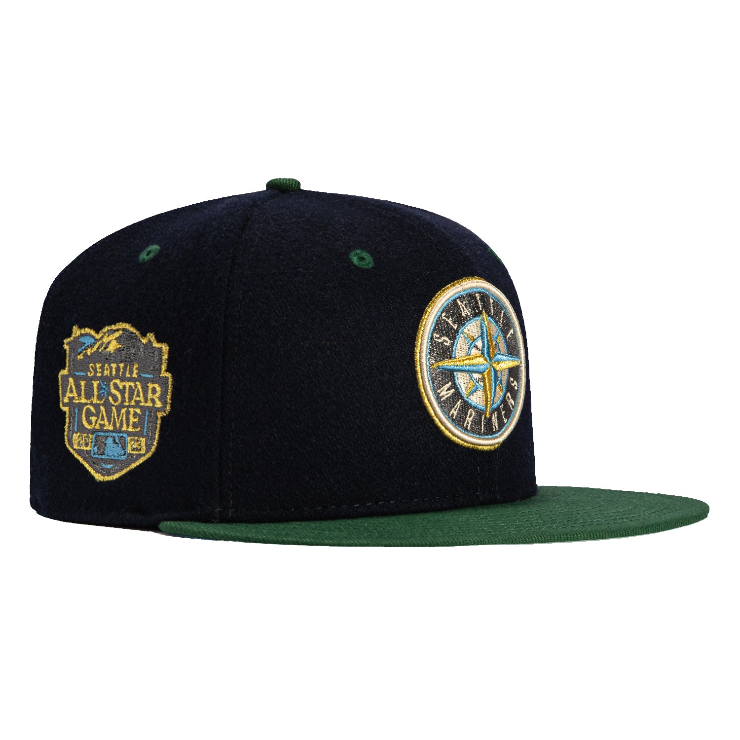 New Era 59Fifty Seattle Mariners 2023 All Star Game Patch Baseball Cap - Navy & Green Melton Wool MLB Hat for Men, Women | Game Day, Sports Fan Gift, Casual Wear