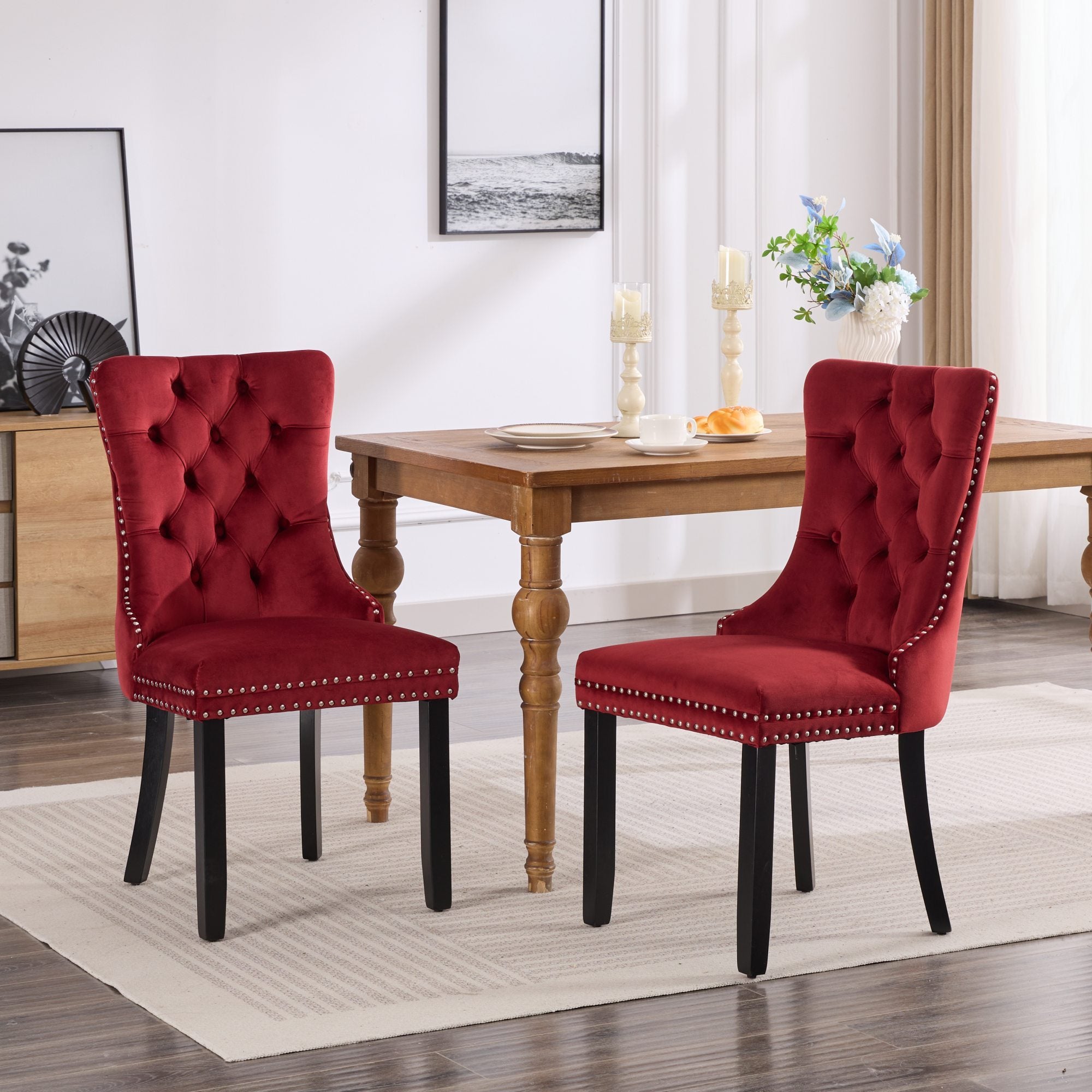 Luxury Velvet Dining Chairs Set of 2 - Modern Tufted Upholstered Chairs with Solid Wood Legs & Nailhead Trim in Burgundy/Wine Red (SW2001WR) - Perfect for Contemporary Dining Rooms, Kitchen Islands, and Elegant Home Decor