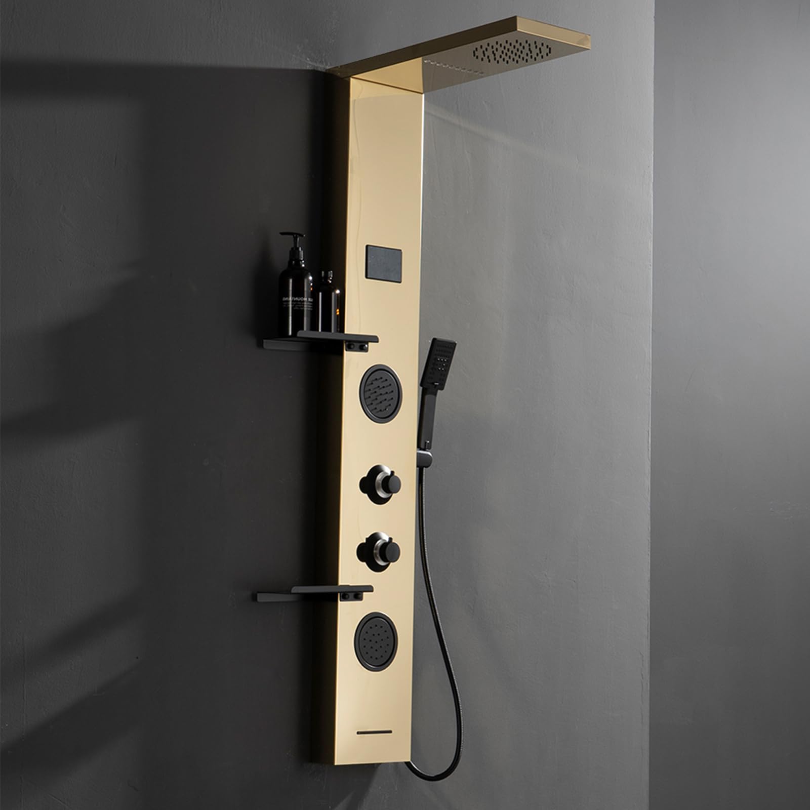 Premium LED Gold Shower Tower System - 304 Stainless Steel Shower Panel with Storage Shelf, Rainfall Shower Head & Massage Body Jets - Luxury Waterfall Bathtub for Modern Bathroom & Lavatory (Perfect for Spa-Like Relaxation & Elegant Home Upgrade)