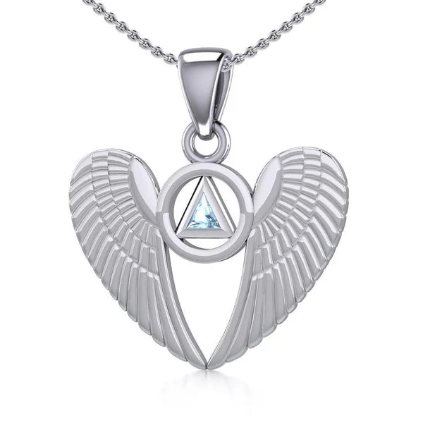 Angel Wings Sterling Silver Pendant with Inlaid Recovery Symbol - Elegant Jewelry for Healing & Inspiration - Perfect for Gifts, Recovery Milestones & Spiritual Wear