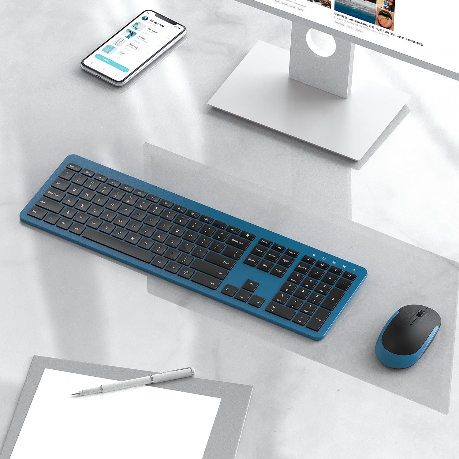 Wireless Keyboard and Mouse Combo - Full Size Slim 2.4G Wireless Keyboard with Numeric Keypad & Adjustable DPI Mouse for PC, Laptop, Office, Home (Dark Blue) | Ergonomic Design for Comfortable Typing & Gaming