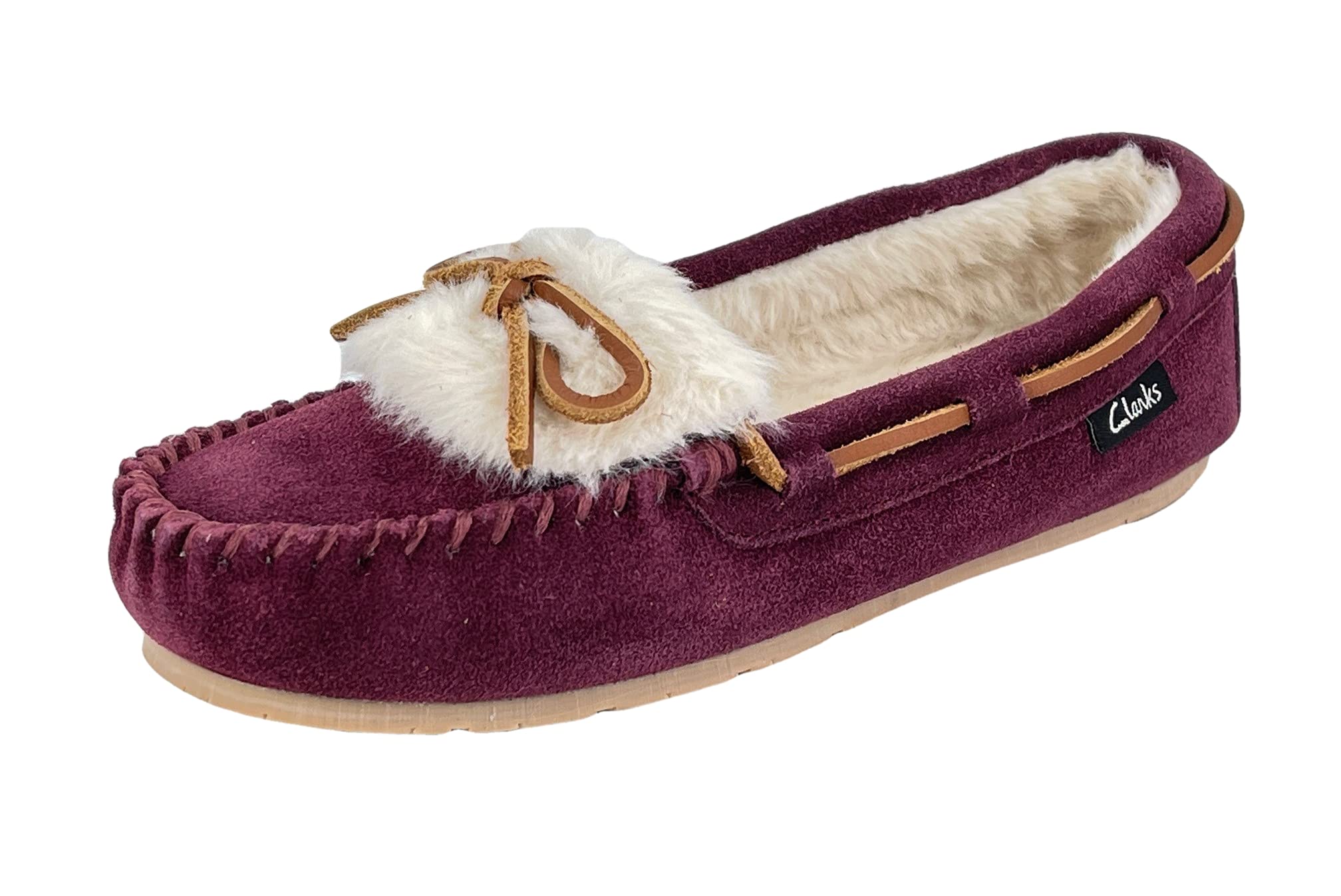 Clarks Women's Folded Tongue Suede Leather Moccasin Slippers ICH30746C - Plush Faux Fur Lining - Comfortable Indoor/Outdoor House Shoes for Women - Perfect for Lounging, Running Errands & Cozy Home Wear