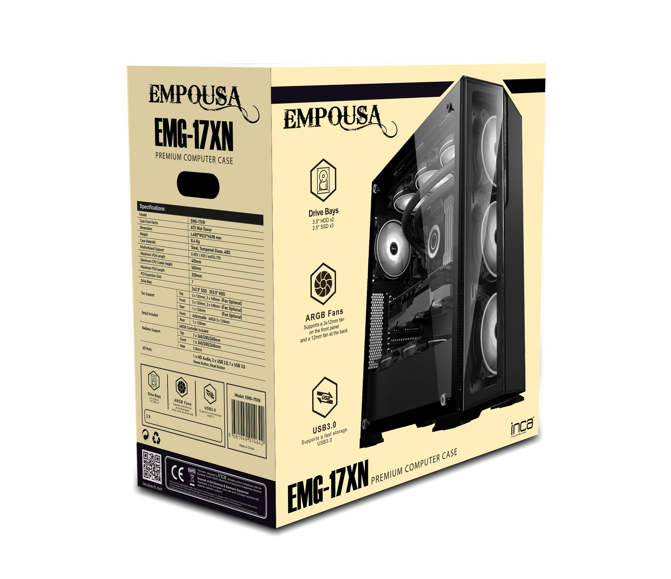 INCA EMPOUSA EMG-17XN Premium Gaming PC Case - High Airflow ATX Mid Tower Computer Case with Tempered Glass & RGB Lighting for Gaming, Streaming & Workstation Builds
