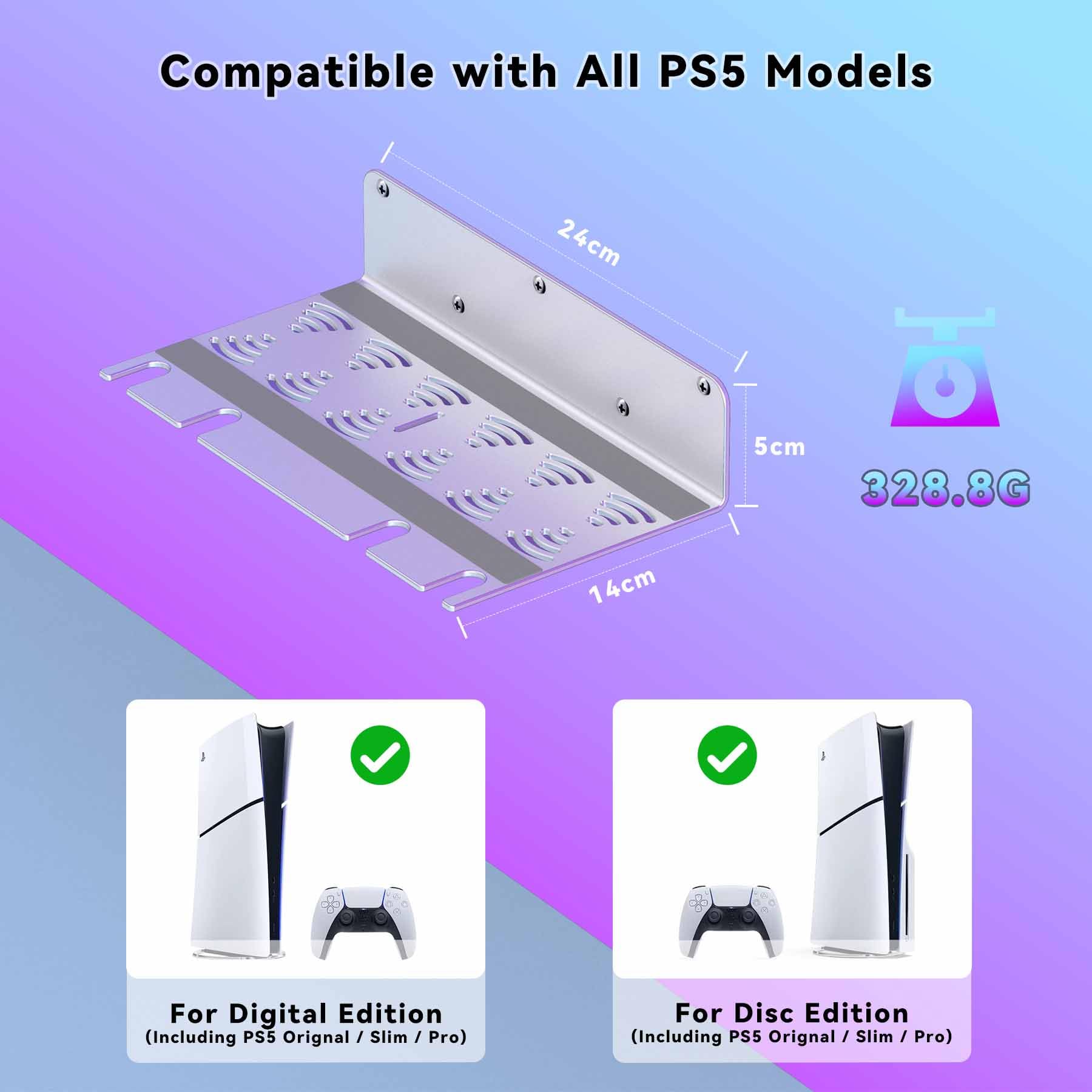 PS5 Slim/Pro/Original Wall Mount Kit - Aluminum Space-Saving Wall Stand for All PS5 Models & Controllers | Enhanced Heat Dissipation | Silver Finish | Perfect for Gaming Rooms & Small Spaces