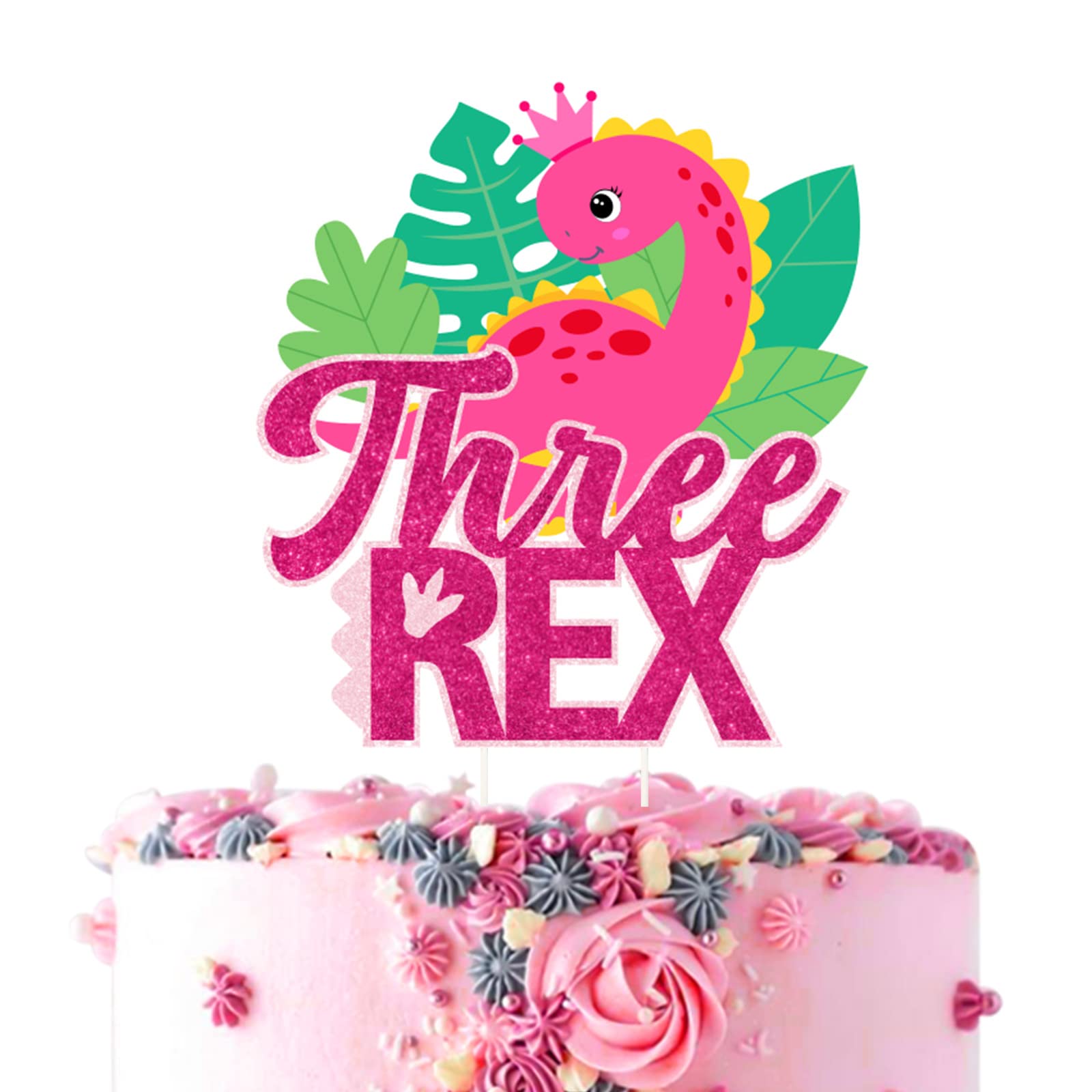 Dinosaur Cake Topper Pink - 3D Rex Dinosaur Birthday Cake Decor for 3 Year Old Party, Baby Shower, Dino Theme Celebration