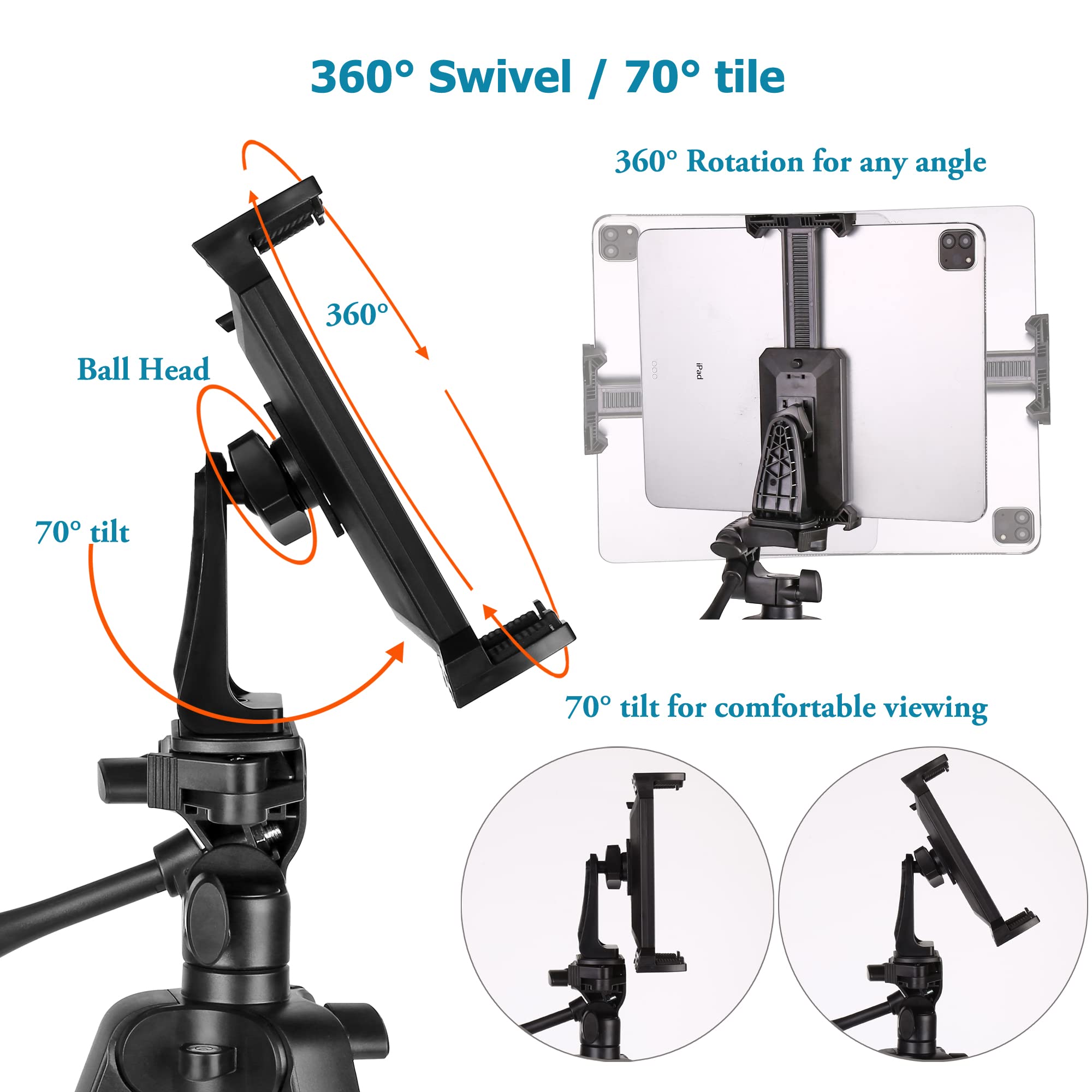 Peastrex Upgraded 360° Swivel Tablet Tripod Mount with Cold Shoe - Universal Holder for 4-15
