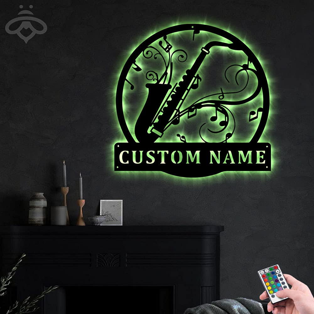 Custom LED Saxophone Metal Wall Art - Personalized Saxophonist Black Metal Sign for Living Room, Music Room & Outdoor Decor - Large 24x24 Inch Home Wall Art Gift for Musicians & Music Lovers