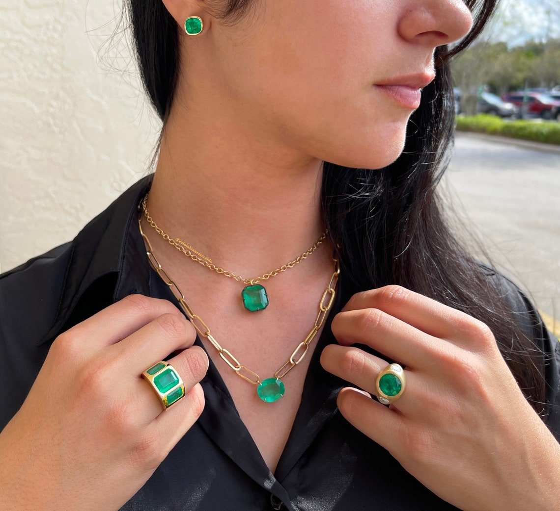 AAA+ 5.46tcw Colombian Emerald Cushion Cut Stud Earrings in 18K Gold Bezel Setting - Perfect for Weddings, Anniversaries & Special Occasions