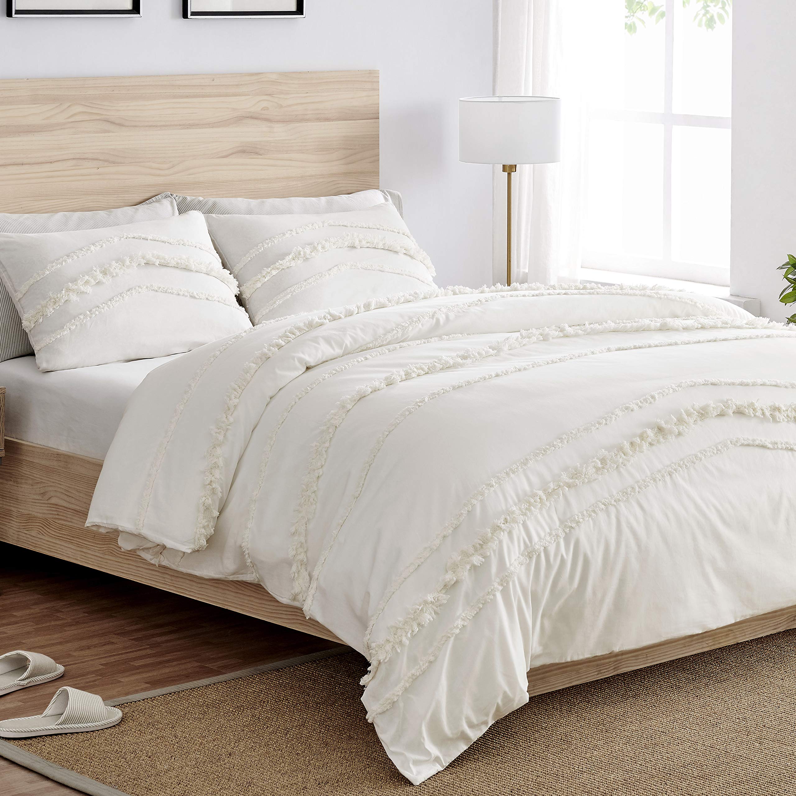 Bohemian Boho Chic Ivory Macrame Tufted Tassel Twin/Twin XL Duvet Cover Set - 2 Piece Cream Cotton Farmhouse Bedding with Fringe Details | Perfect for Teen Dorm, Indie Bedroom & Minimalist Home Decor
