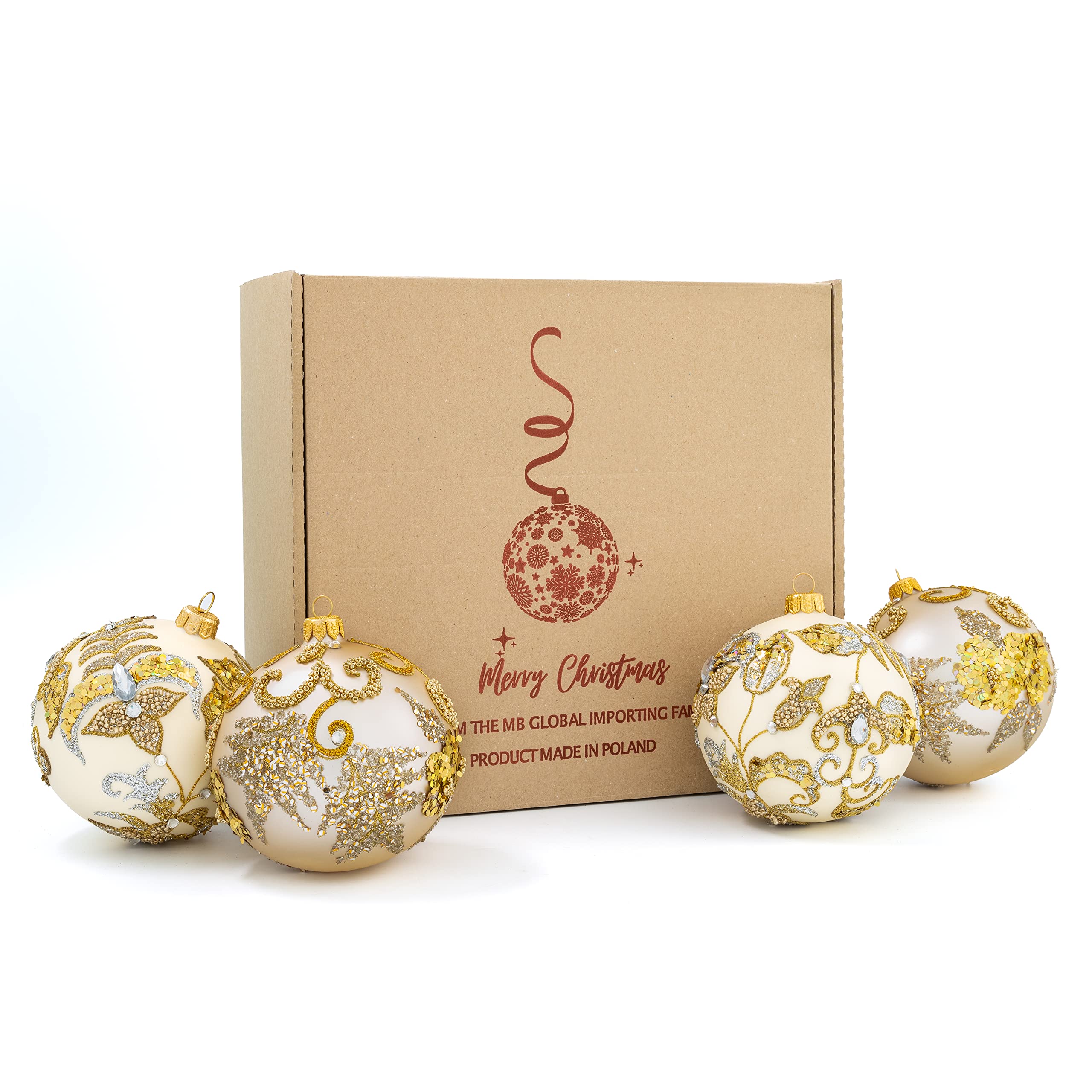 Handmade Polish Glass Christmas Ornaments - Set of 4 Elegant 3.94 Inch Round Holiday Decorations in Gold & Silver for Xmas Tree, Party & Indoor Decor | Perfect for Holiday Gifts, Home Decor & Festive Celebrations