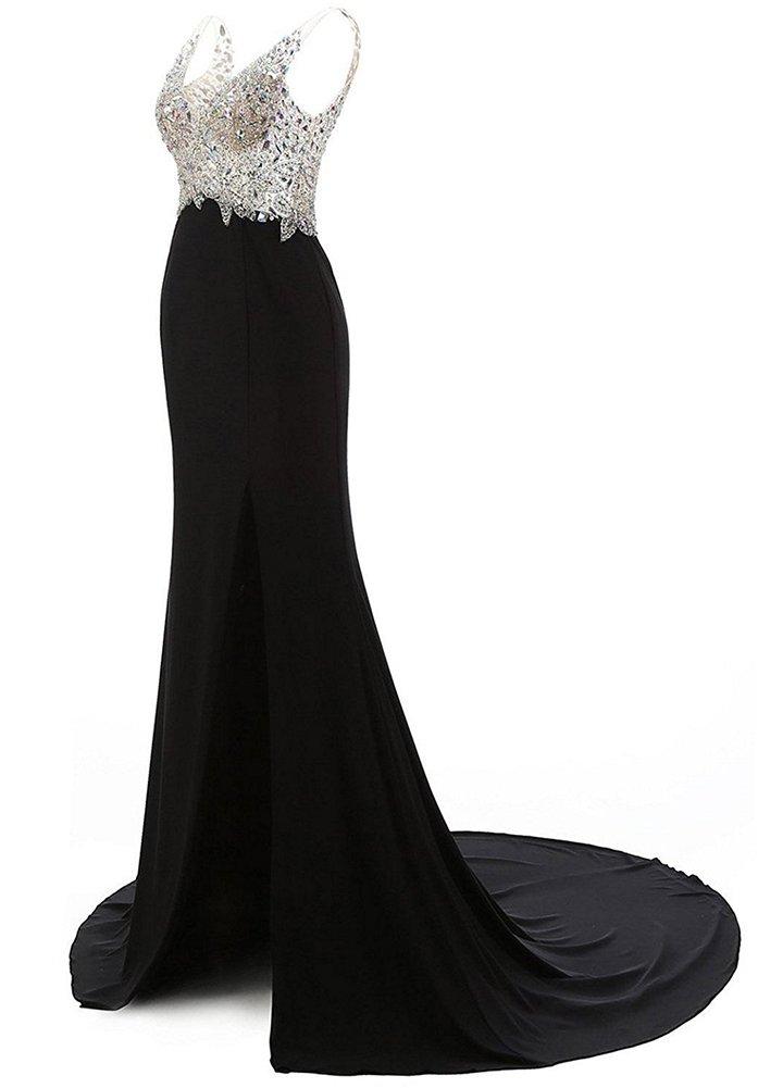 Honeydress Women's Crystal V-Neck Backless Mermaid Prom Dress with Side Slit & Train - Elegant Evening Gown for Homecoming, Pageants & Formal Events