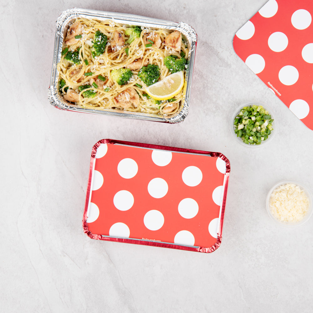 16 oz Rectangle Red Aluminum Take Out Food Containers with Polka Dot Paper Lids - 7.25