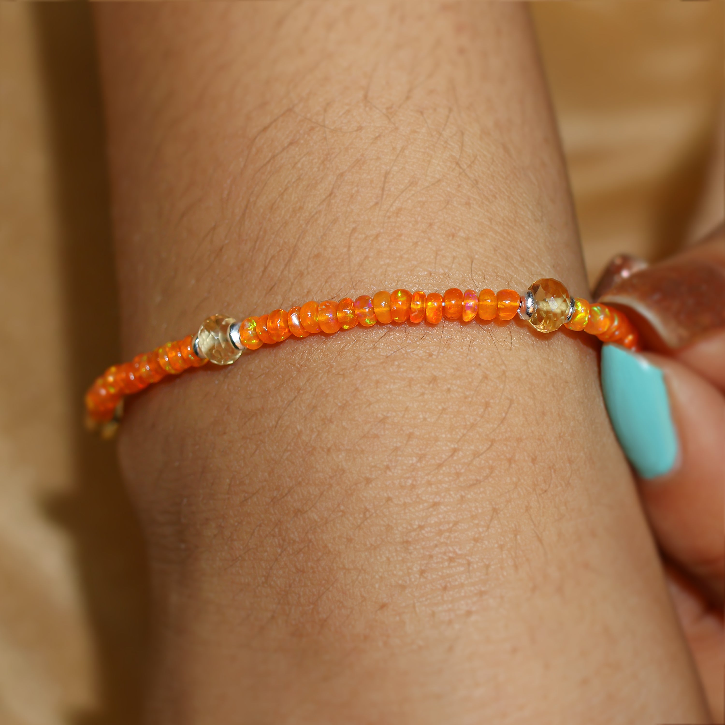 Silver Beaded Bracelet with Natural Orange Opal & Citrine Beads - Elegant Boho Jewelry for Women, Perfect for Weddings, Parties & Everyday Wear