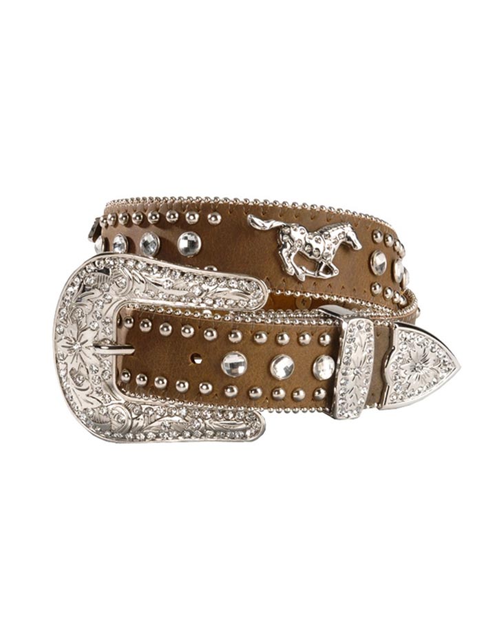 Nocona N4427644 Kids Crystal Horse Leather Belt - Brown Western Belt for Girls | Perfect for Rodeo, Horse Riding & Cowgirl Outfits