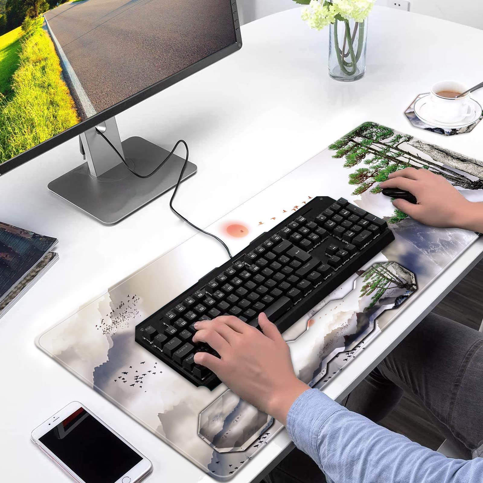 Large Gaming Mouse Pad Set - 4-in-1 Non-Slip Desk Mat with Wrist Rest for Office & PC Gaming (31.5