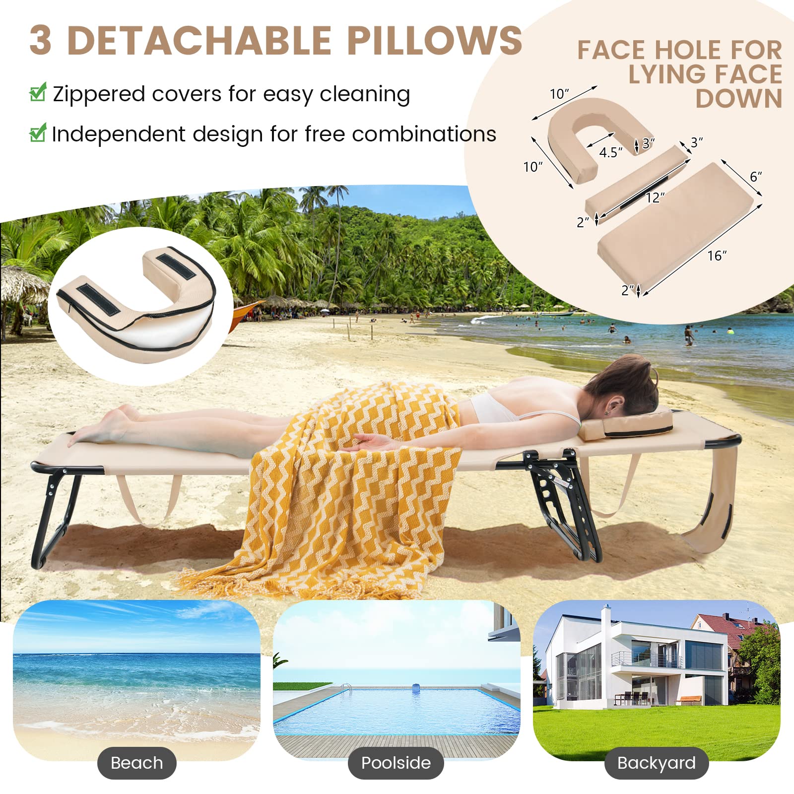 GYMAX 350lbs Heavy Duty Tanning Chair with Face Hole - Adjustable Folding Chaise Lounge for Beach, Poolside, Patio - Includes Washable Pillow & Carry Strap - Perfect for Sunbathing, Relaxing Outdoors, Backyard Lounging (Beige, 2-Pack)