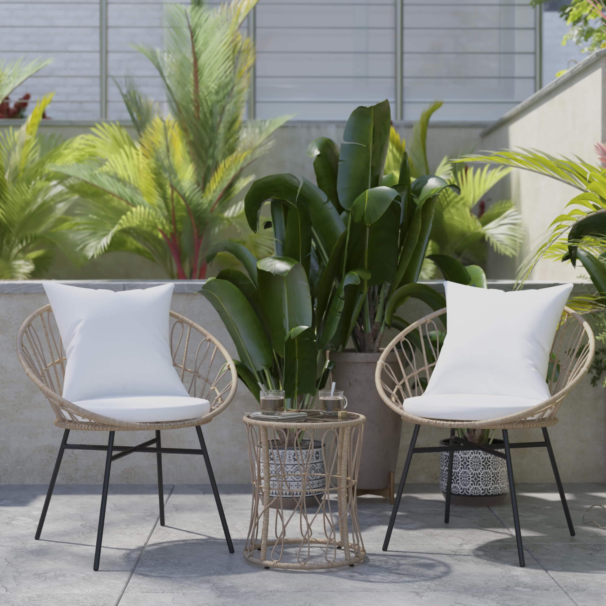 Devon 3-Piece Indoor/Outdoor Bistro Set - Tan Rattan Papasan Chairs with Glass Top Table & Gray Cushions - Perfect for Patio, Garden, Balcony or Sunroom Relaxation