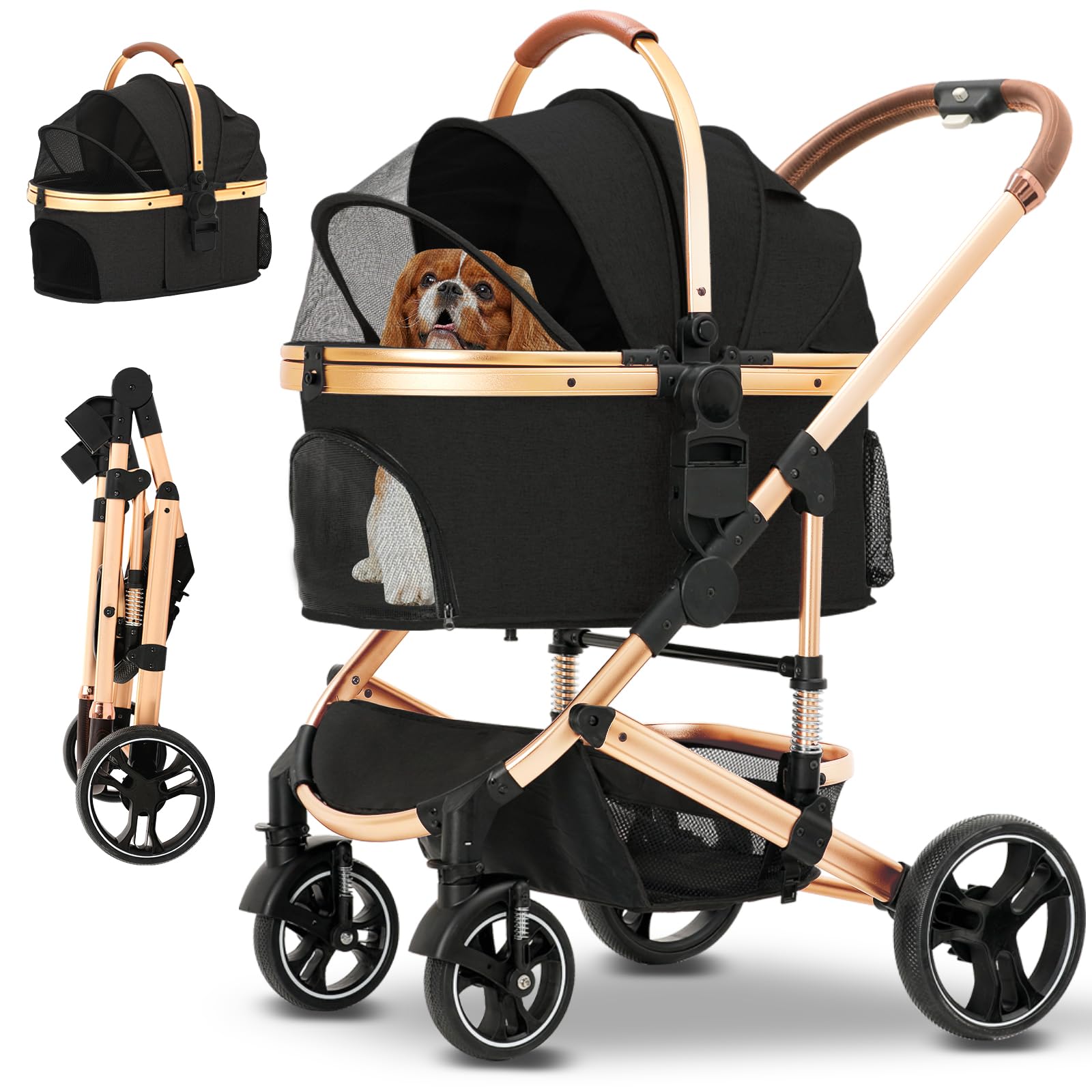Premium 3-in-1 Folding Lightweight Pet Stroller with Detachable Carrier & Storage Basket - 4 Wheel Travel Stroller for Dogs, Puppies & Cats (Black) | Perfect for Vet Visits, Outdoor Walks & Shopping Trips
