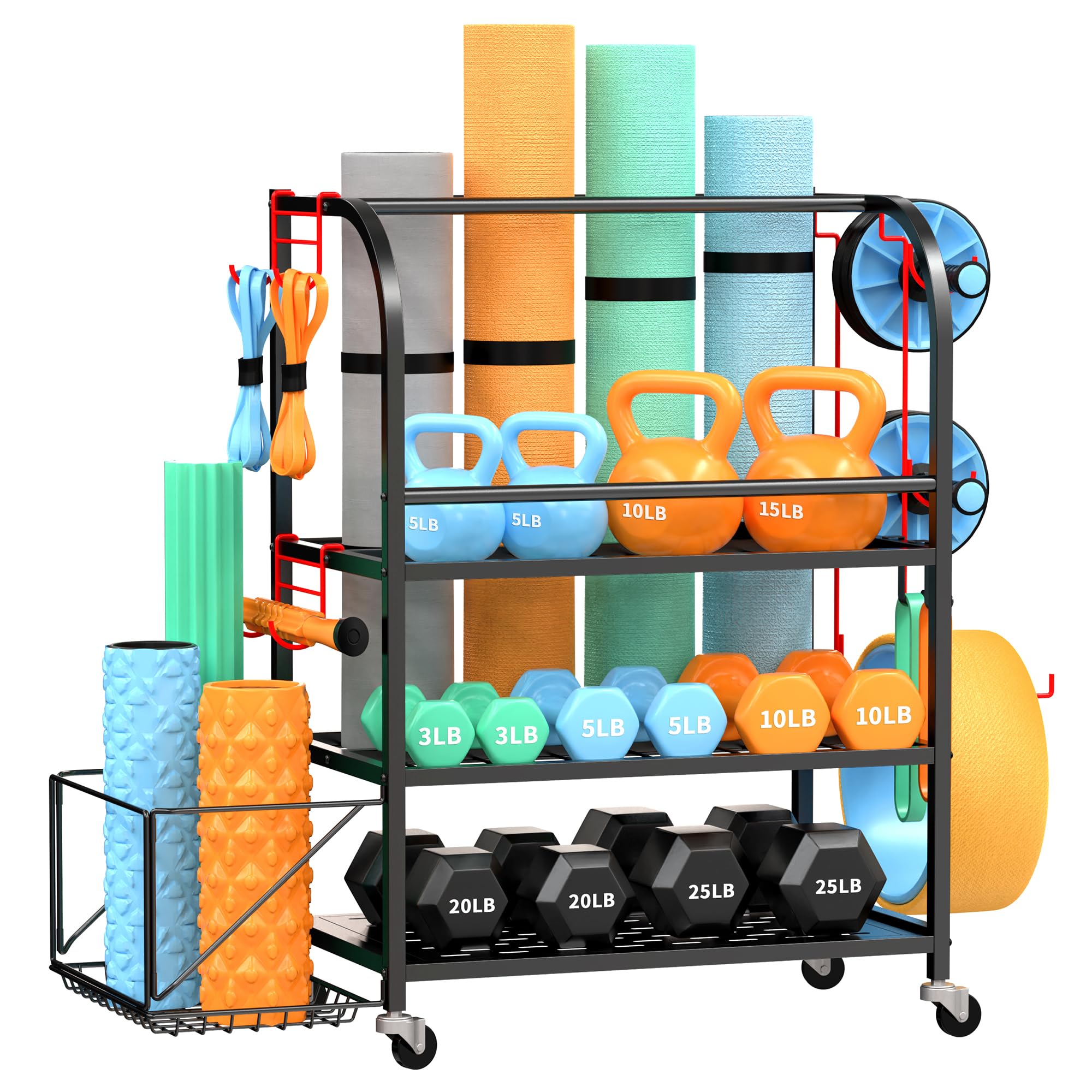 Heavy Duty 3-Tier Dumbbell Rack - 610LBS Capacity Metal Weight Storage Stand with Lockable Wheels & 4 Adjustable Hooks - Perfect for Home Gym Organization, Kettlebell Storage, and Yoga Mat Holder - Ideal for Garage Gym, Basement Workout Space, and Fitness Studio Equipment Storage
