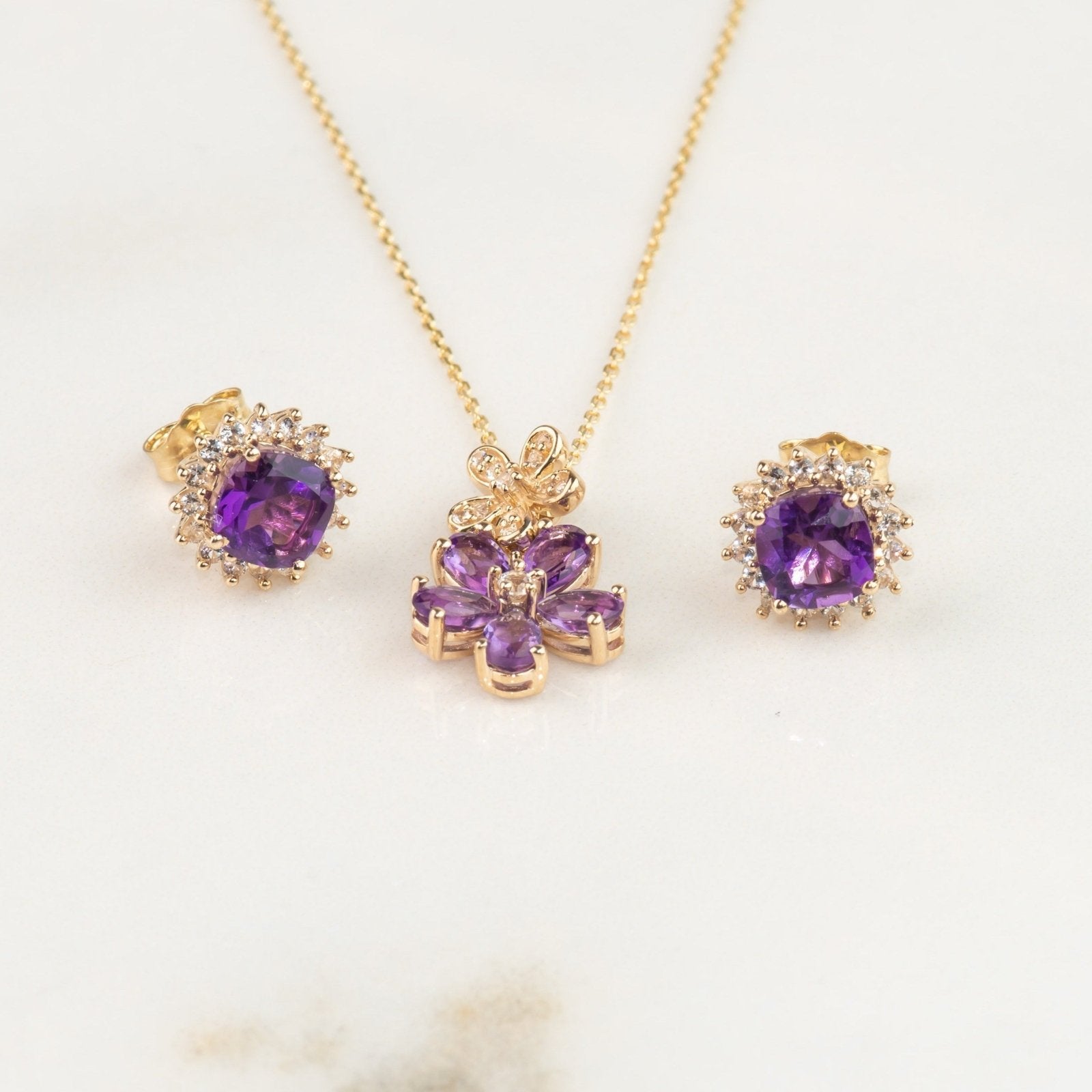 10K Yellow Gold Amethyst and Sapphire Halo Stud Earrings for Women - Elegant Purple Gemstone Jewelry for Daily Wear, Parties & Special Occasions